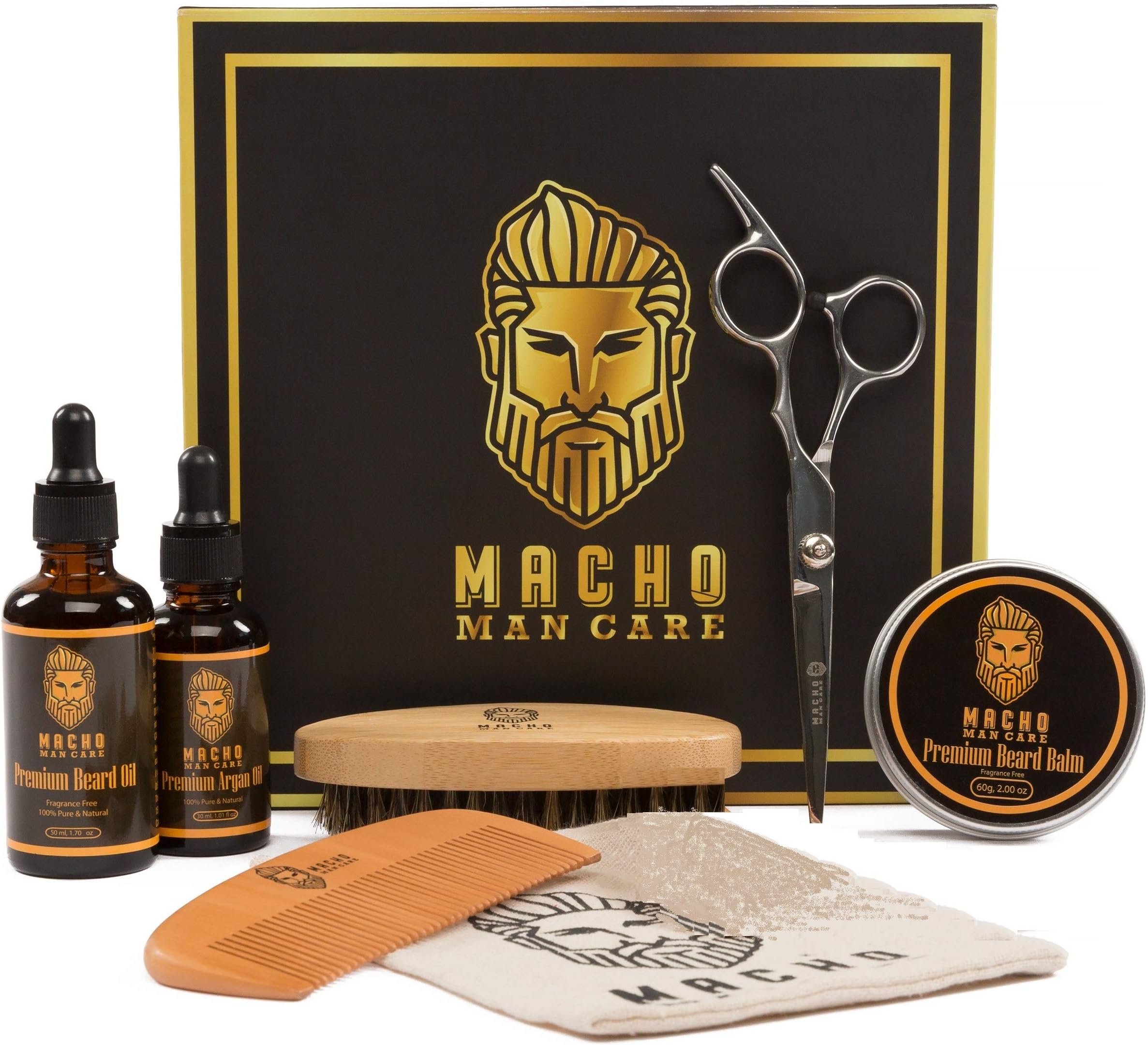 Deluxe Beard Grooming Trimming and Maintenance Kit for Men - Beard Oil, Balm, Comb, Brush, Mustache Scissors Trimmer, Shaping Tool, Argan Oil - Luxuri
