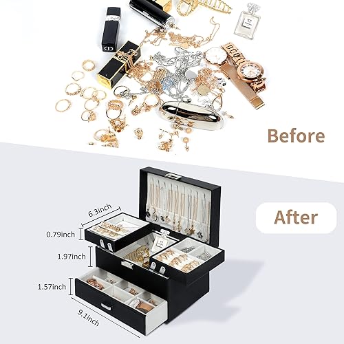 Miniatura 4 de Dajasan Cajas de joyería para mujeres y niñas, caja organizadora de joyas, 3 capas, organizador de almacenamiento de joyas para aretes, anillos,