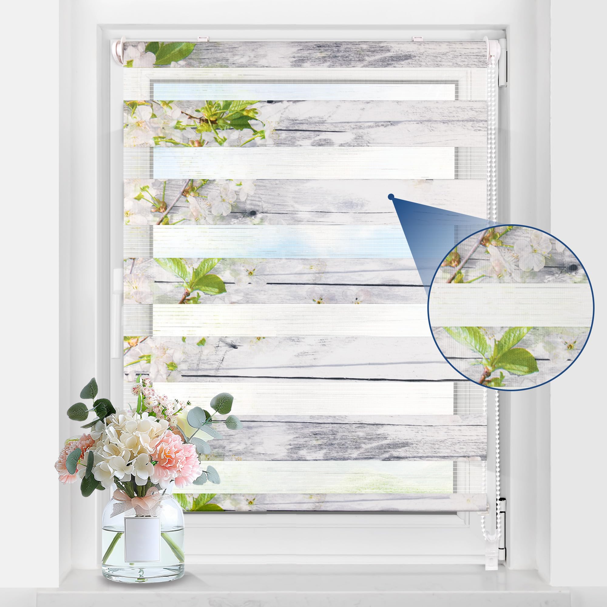 Grandekor Doppelrollo Klemmfix ohne Bohren mit Muster B50 x H140 cm (Stoffbreite 46cm) Blumen, Duo Rollo klemmrollos Rollos mit Motiv für Fenster innen ohne Bohren Lichtdurchlässig & Verdunkelnd