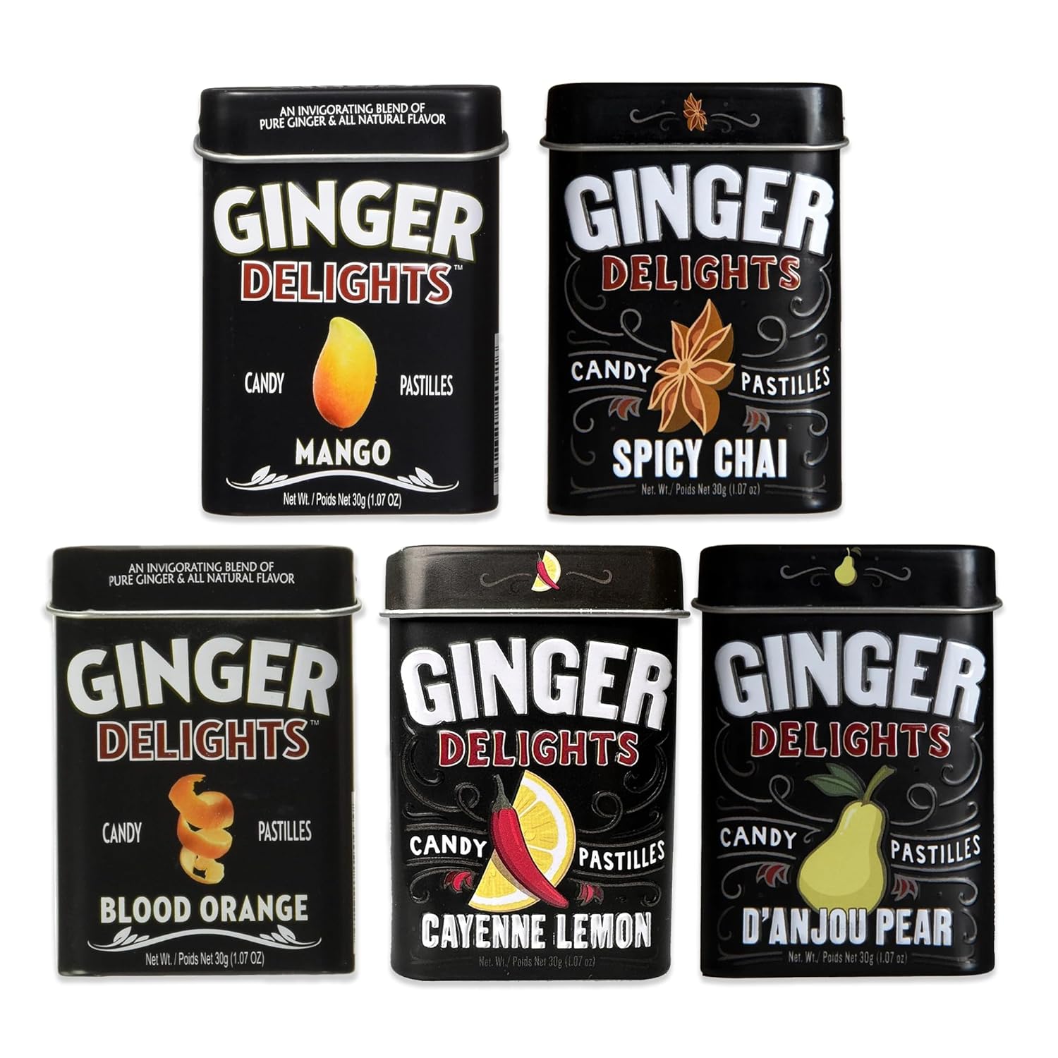 Big Sky Mints Ginger Delights Variety 5 Pack. Orange Mints, Pear Candy, Ginger Mint