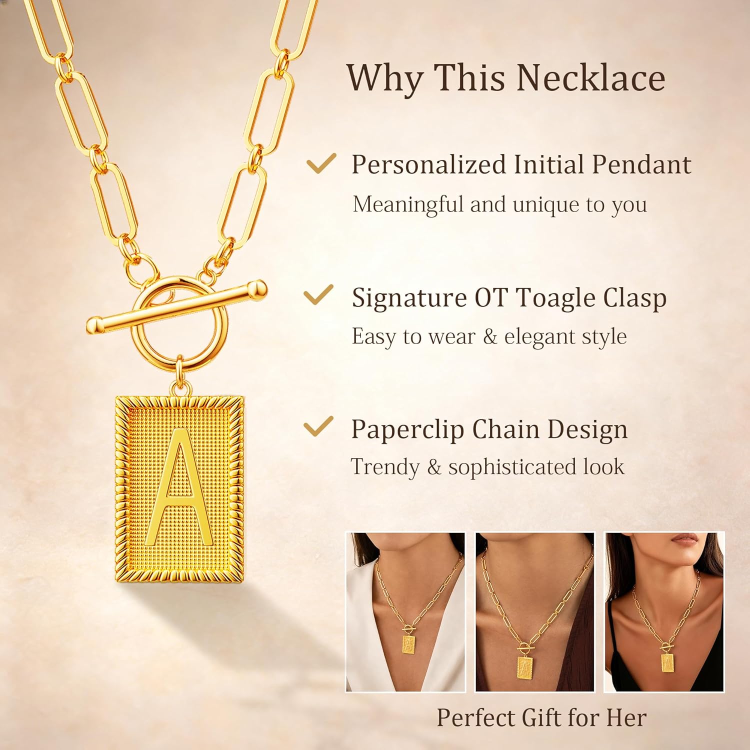 Moodear Gold Initial Necklace for Women – Chunky 14K Gold Plated A-Z Letter Pendant with Alphabet Necklace Thick Paperclip Chain & Toggle Clasp, Statement Trendy Initial Jewelry Gift - Image 3