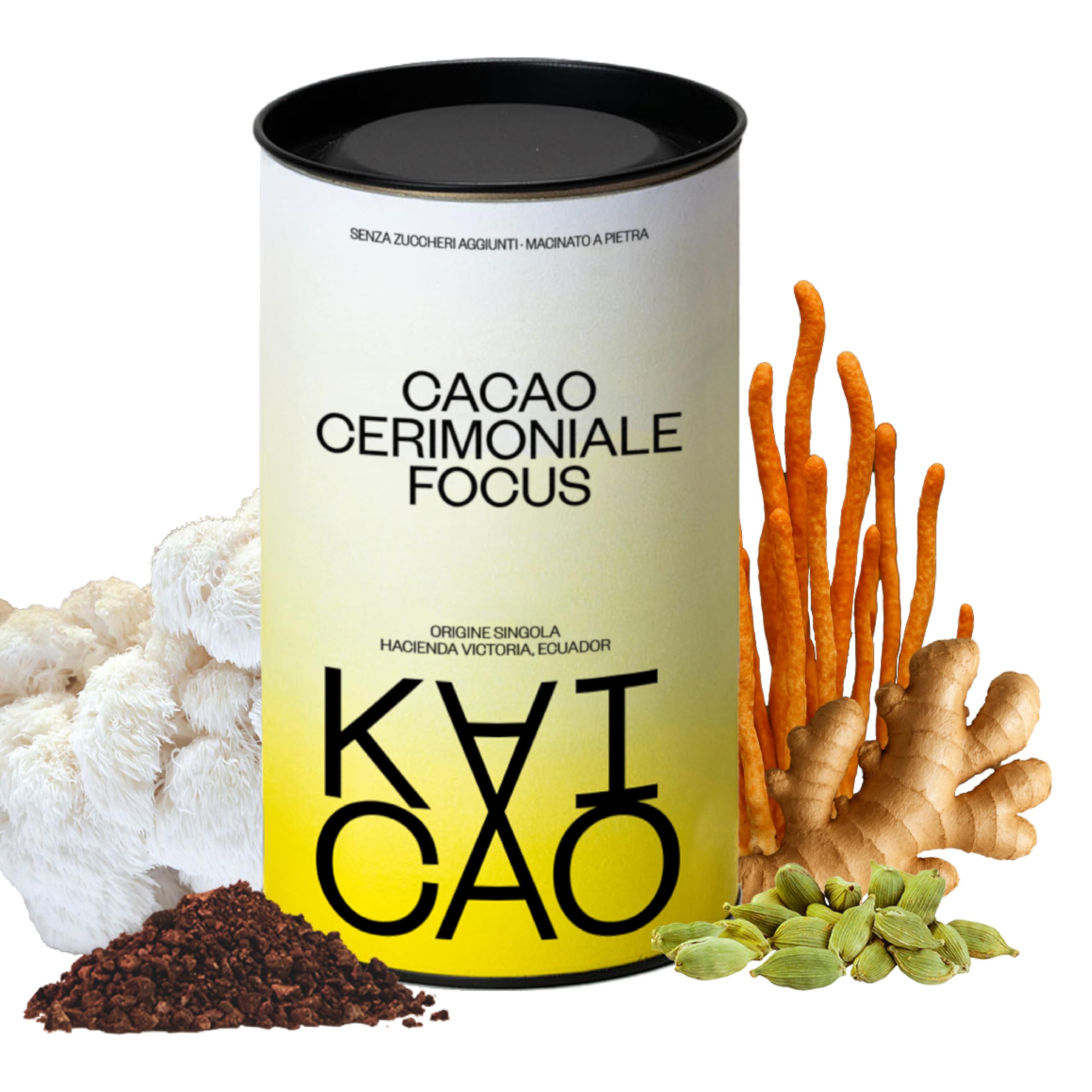 Kaicao Cacao Ceremoniale Focus con Melena di Leone, Cordyceps, Zenzero e Cardamomo - Cacao Puro in Polvere, Origine Ecuador - Senza Zucchero, Vegano, Senza Glutine, Dieta Keto - 200g