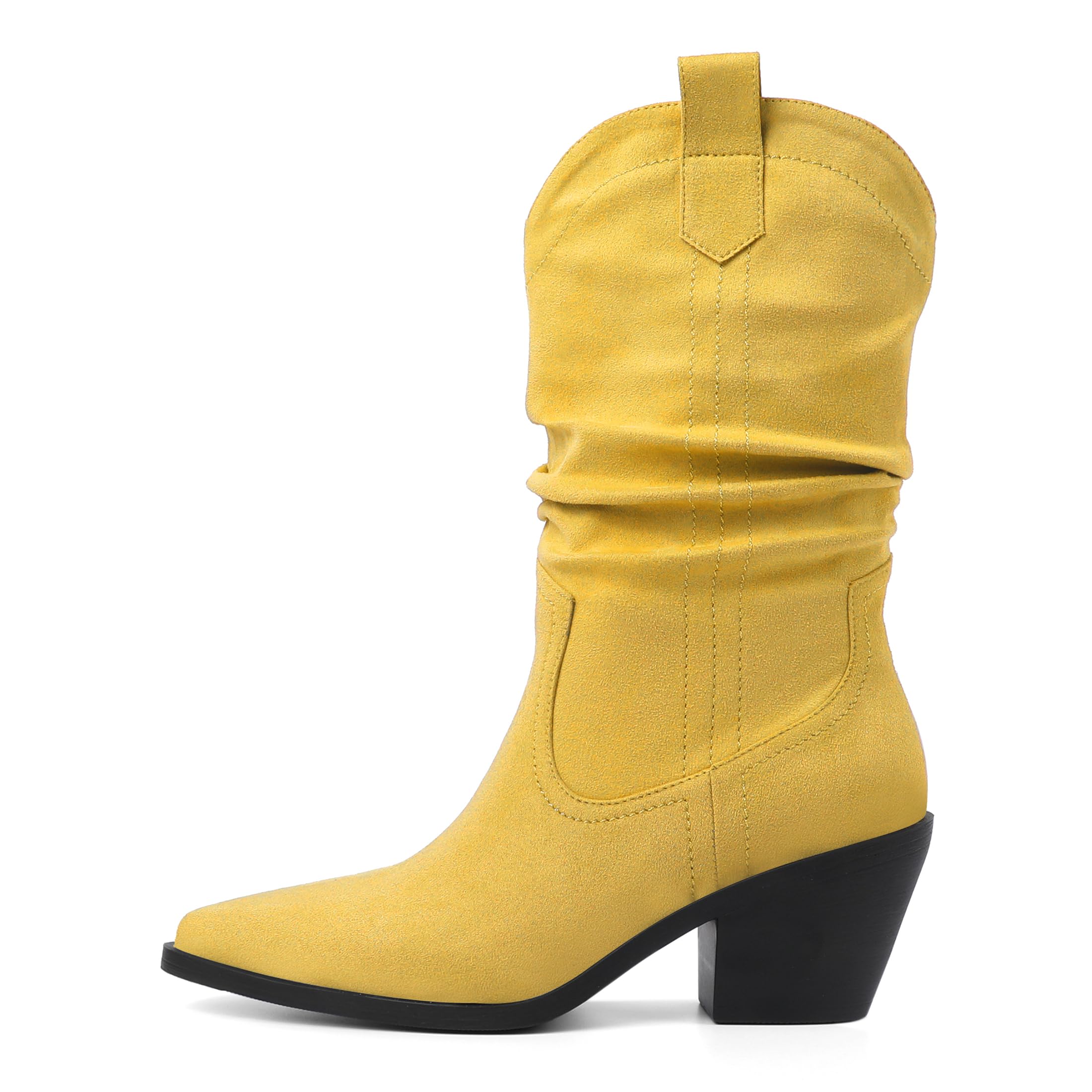 Esvowido Womens Slouchy Western Cowboy Cowgirl Retro Mid calf Boots Faux Suede Leather Stylish Booties Outdoor Travel