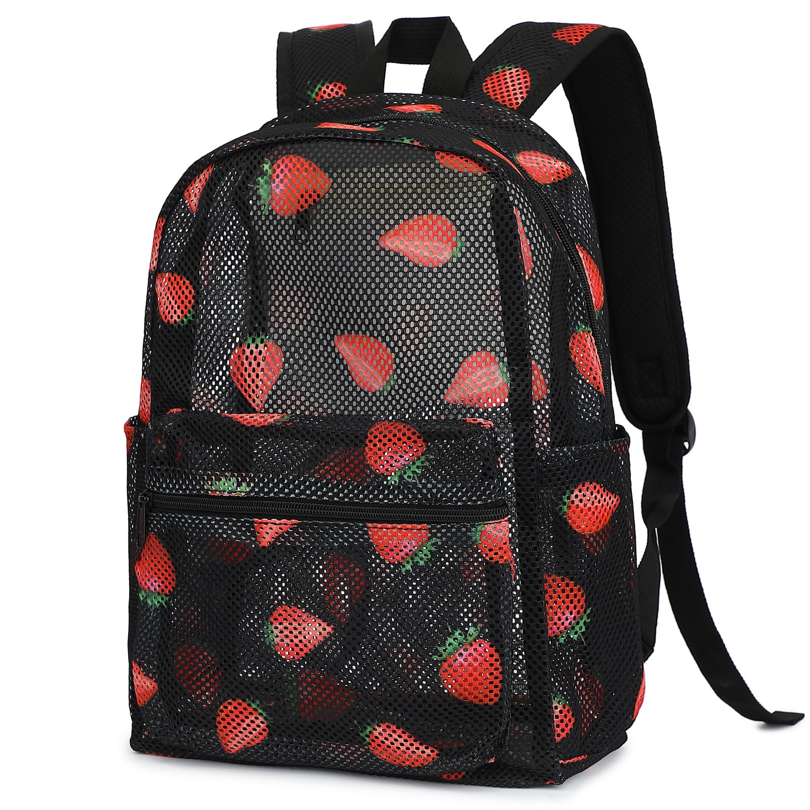Mimfutu Strawberry Mesh Backpack for Girls, kids Women School Backpacks Semi-Transparent Bookbag See Through Beach Bag Daypack