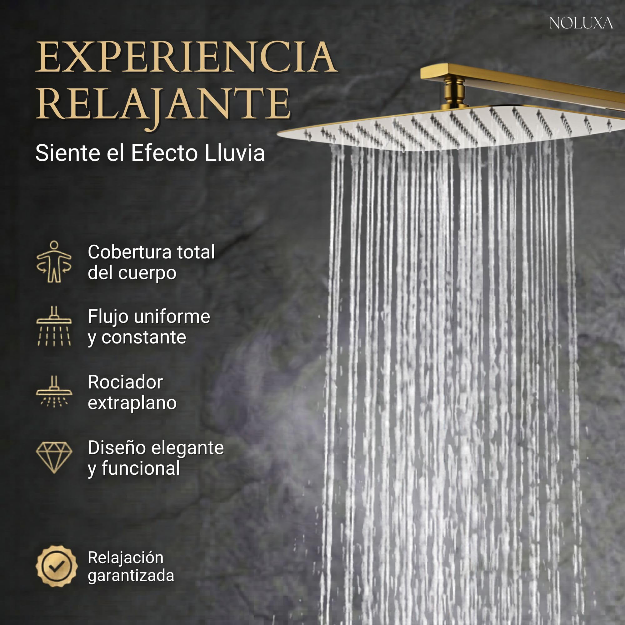 IMEX - Ducha Empotrada Oro Monomando | Conjunto de Grifería Empotrado con Rociador Antical Efecto Lluvia Dorada | Columna Ducha Empotrada con Grifo en Latón y Acero Inox S.304 (SIN ALCACHOFA)