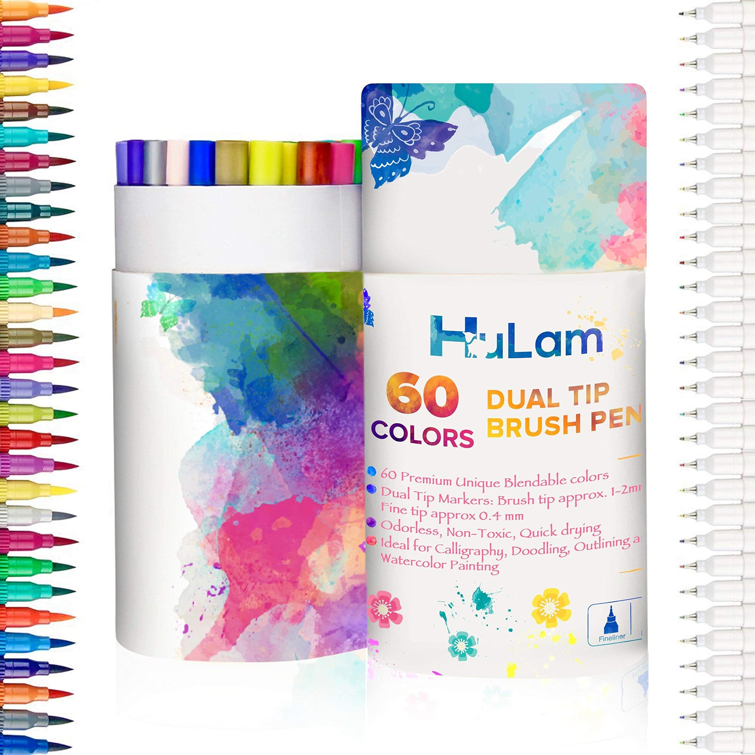 60 Color Dual Tip Brush Pen Art Markers by HuLam 0.4mm Fineliner I Brush Tip (1mm-2mm) Double Colored Pens Set for Adults, Kids, Children Coloring Books, Bullet Journal, Note Taking and Calligraphy