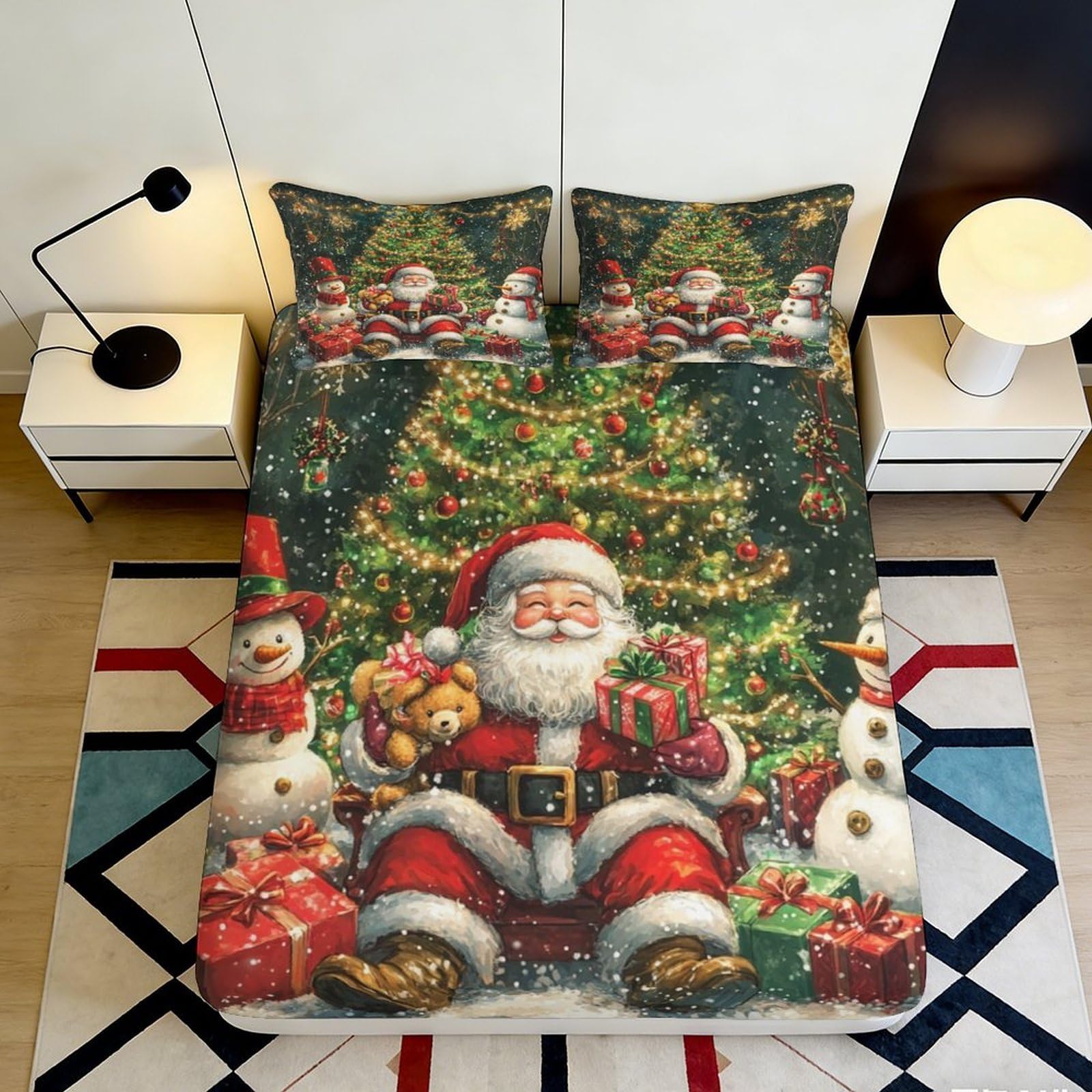 Pnayamiorkfel Style-9 3D Printed Christmas Santa Fitted Sheet Microfiber Soft Snowman Tree Bed Cover For Bedroom Guest Room Decor 90X200x25cm