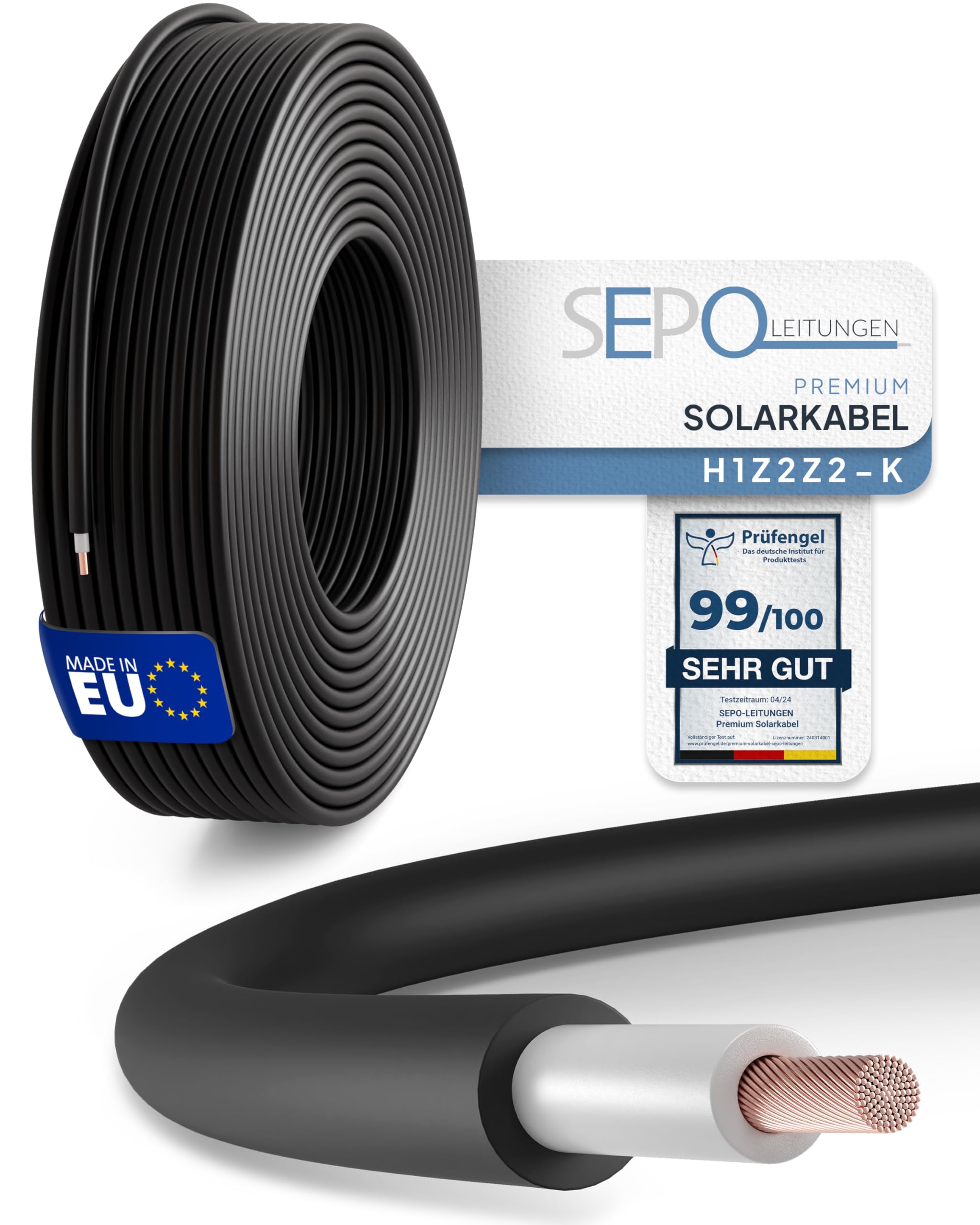 SEPO-Leitungen Solarkabel 4 mm² 100m – Solarleitung H1Z2Z2-K - Made in EU - Doppelt isoliert für Photovoltaik-Systeme – inkl. 0% MwSt. gem. § 12 Abs. 3 UStG (Schwarz - 100 Meter)