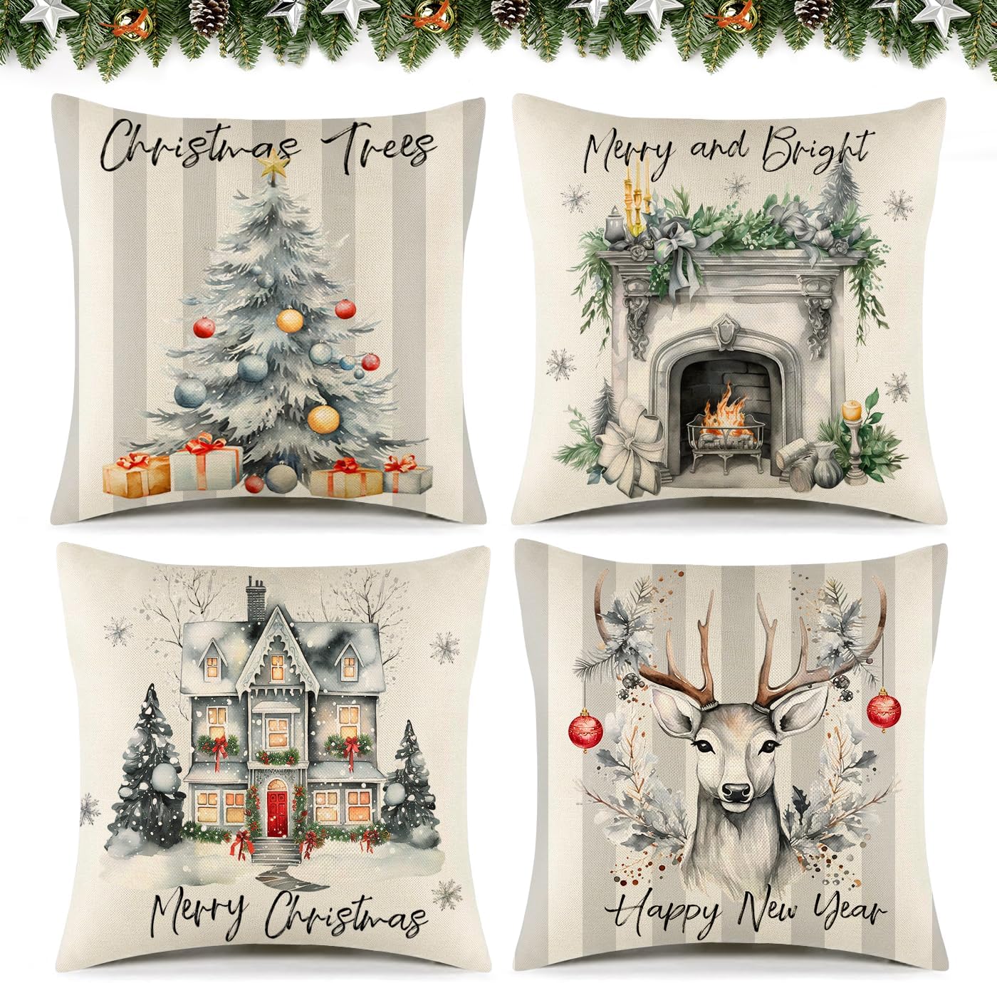 2 Housses De Coussin Noël 45x45cm – Motifs Lapin, Cerf, Père Noël, Déco Festive