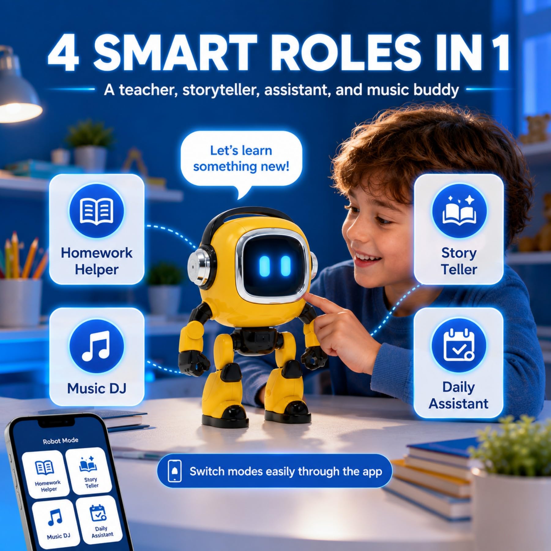 Robot AI Interactivo con Chat de Voz Aprendizaje Multilingüe App | Robot AI interactivo con voz, app, aprendizaje de idiomas y expresiones para escritorio, estudio y entretenimiento.