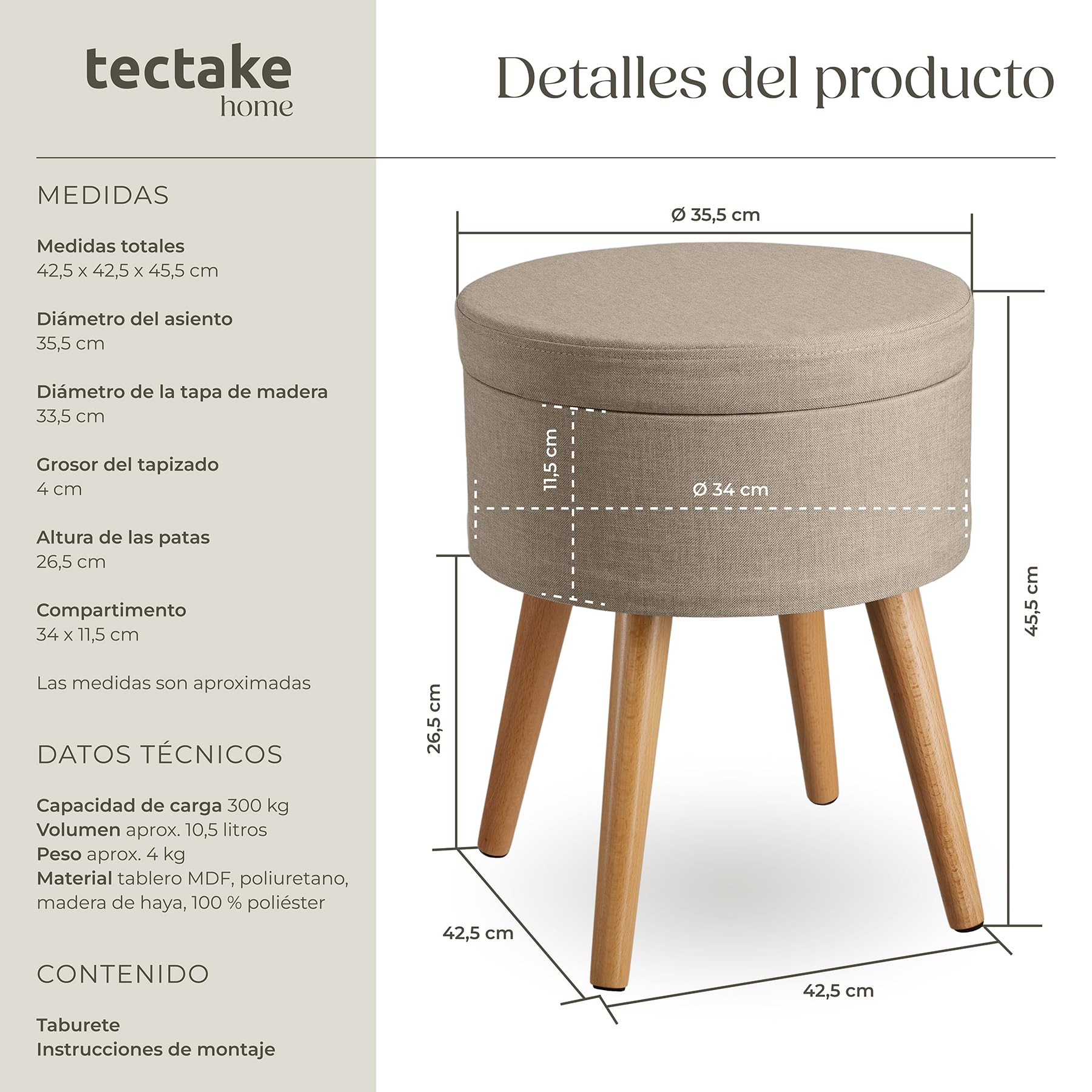 Tectake Puff Almacenaje Dormitorio con Asiento Acolchado Estructura Plegable Banco Taburete 42,5x42,5x45,5 cm Arena