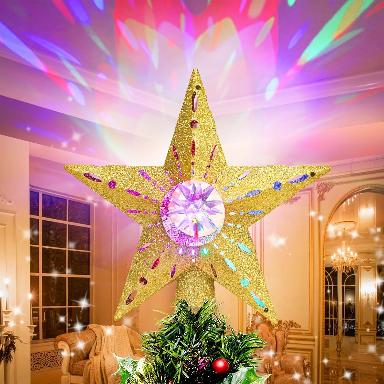 Puntale per albero di Natale FlakeLite – proiettore a fiocchi di neve rotanti | LED luminoso, facile da installare, crea un'atmosfera natalizia magica