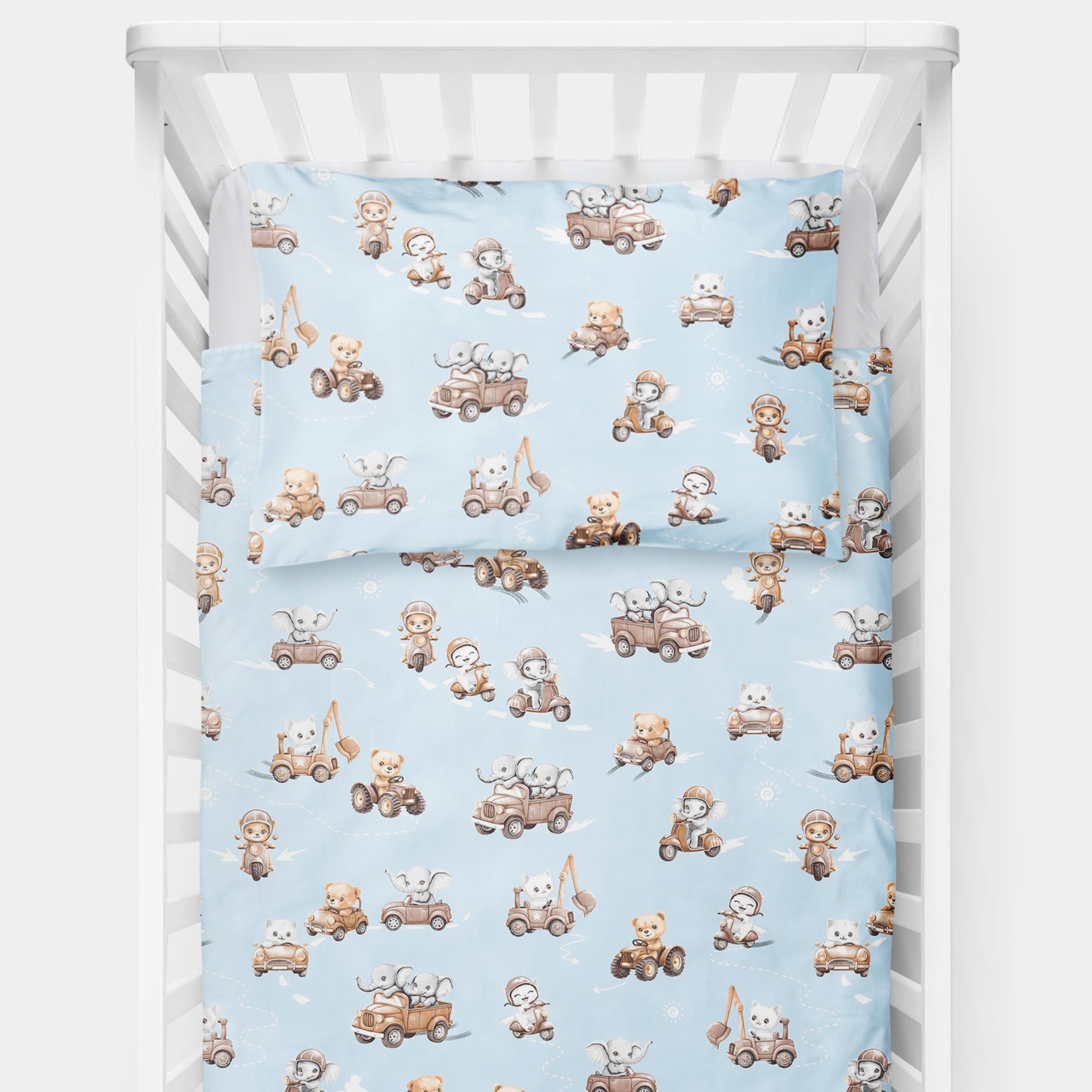 Baby Comfort 52 4 Piece Toddler Kids Cot Bed Set 120X90 Cm Duvet Pillow Duvet Cover Pillowcase 12M+ (Animals In Transport)