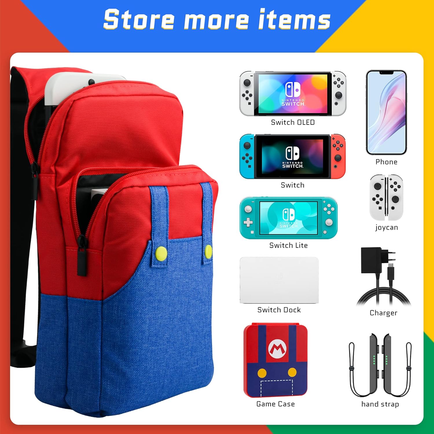 GLDRAM Theme for Mario Switch Travel Bag, Cute Carrying Bag for Nintendo Switch 2/NS/OLED/Lite, Breathable Switch Crossbody Shoulder Backpack Accessories Bundle with 12 Slots Game Case Holder & Thumb Caps