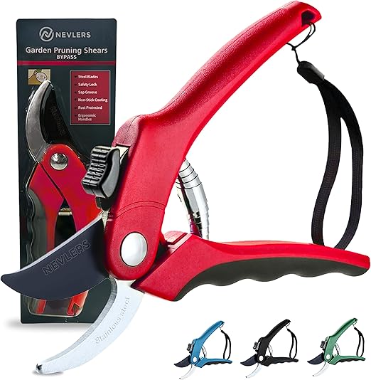 Nevlers 8" Red Bypass Pruning Shears Heavy Duty Garden Tools | Garden Shears w/Stainless Steel Blades| 8mm Cut Capacity Pruners for Gardening | Plant Shears | Ergonomic Spring Assisted Garden Clippers