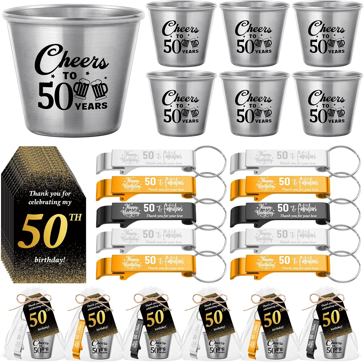 Domensi 30 Sets 50th Birthday Party Favors for Guests Bulk Include Cheers to 50 Years Short Cups Beer Bottle Opener Keychains Thank You Cards with Gift Bags and Ropes for Birthday Party Gifts