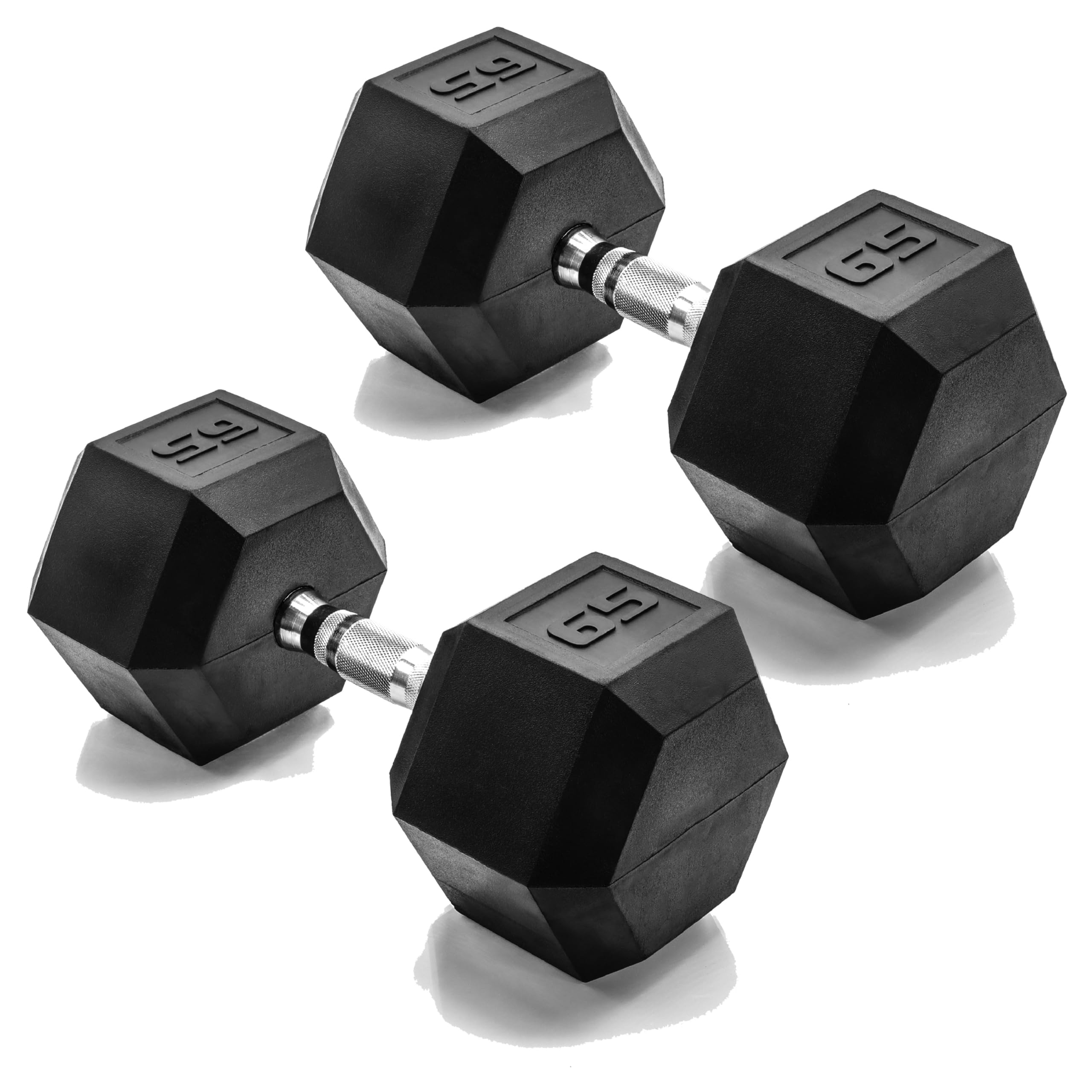 CAP Rubber Coated Dumbbell Weights, Free Weights for Home Gym Strength Training, Anti-Roll Hex Dumbbells with Black, Chrome &amp; Comfort Grip Handles, Pairs &amp; Sets