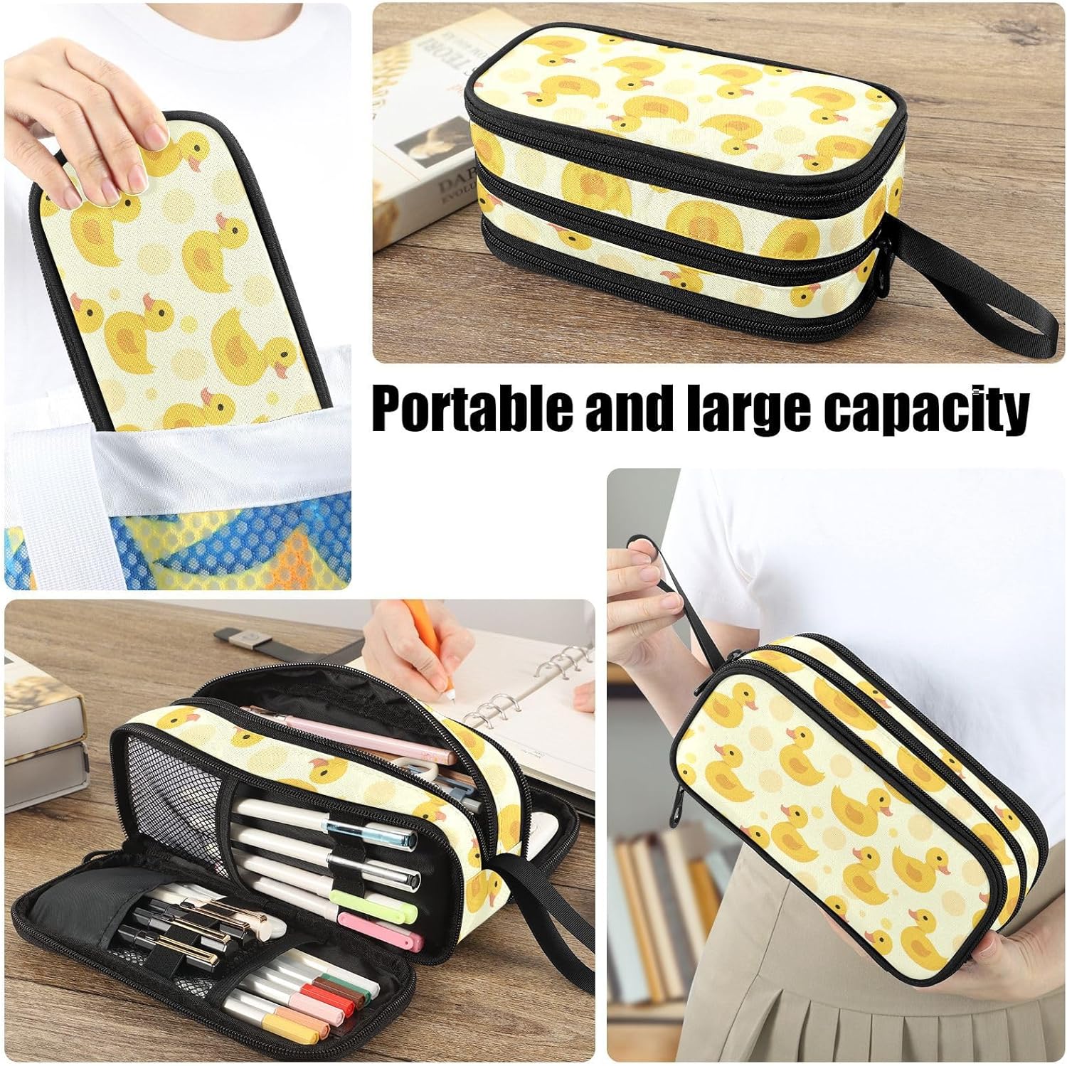 Fustylead Cute Cartoon Yellow Duck and Polka Dots Pencil Pen Case with 3 Compartments, Lightweight & Spacious Stationery Bag Cosmetics Bag - Image 6