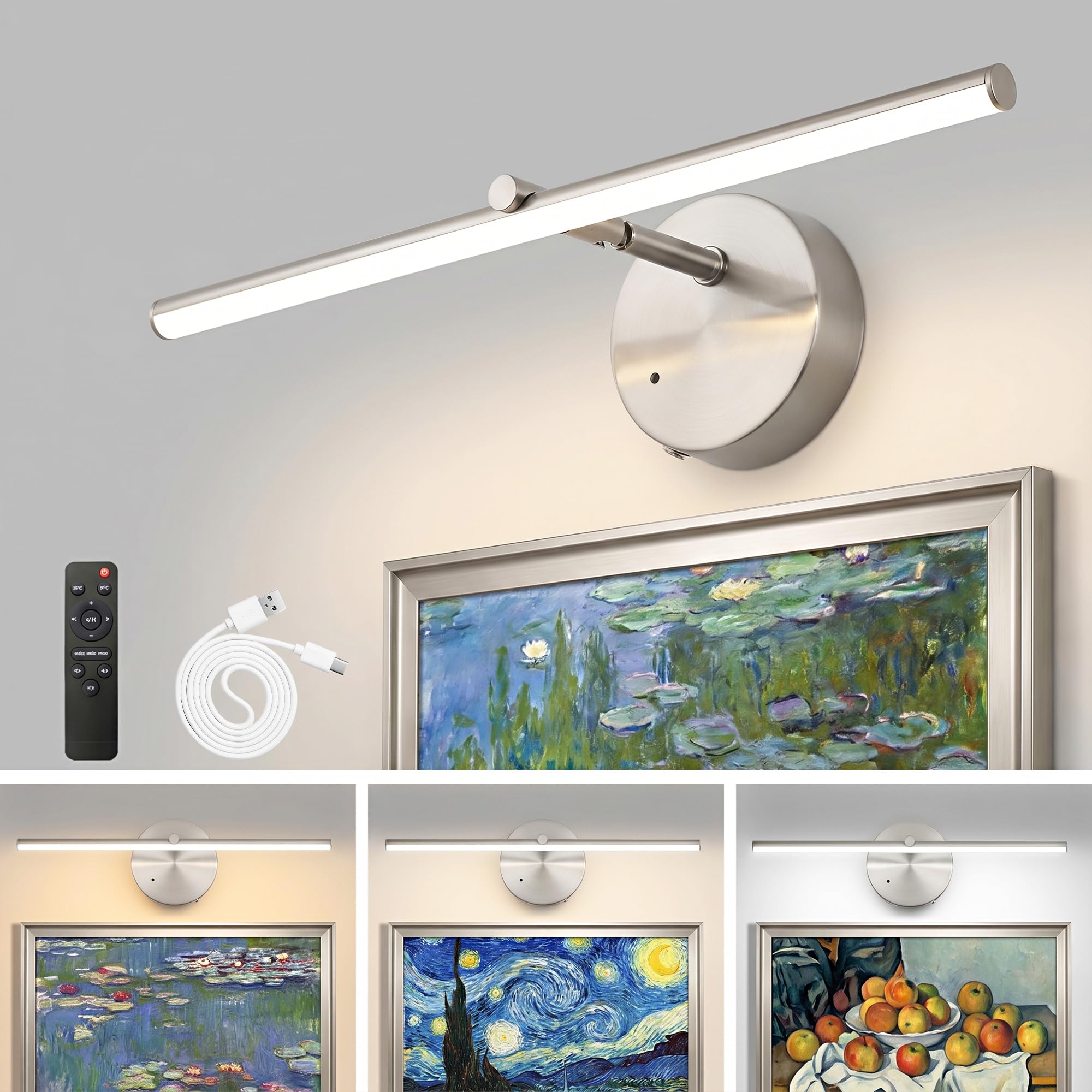 Actask Picture Lights for Wall, 8000mAh Battery Operated Wall Lights Indoor, 40CM LED Cordless Rechargeable Wall Lighting with Remote Control, Dimmable & 3 Color Temps &Timer 1Pack (Brushed Nickel)