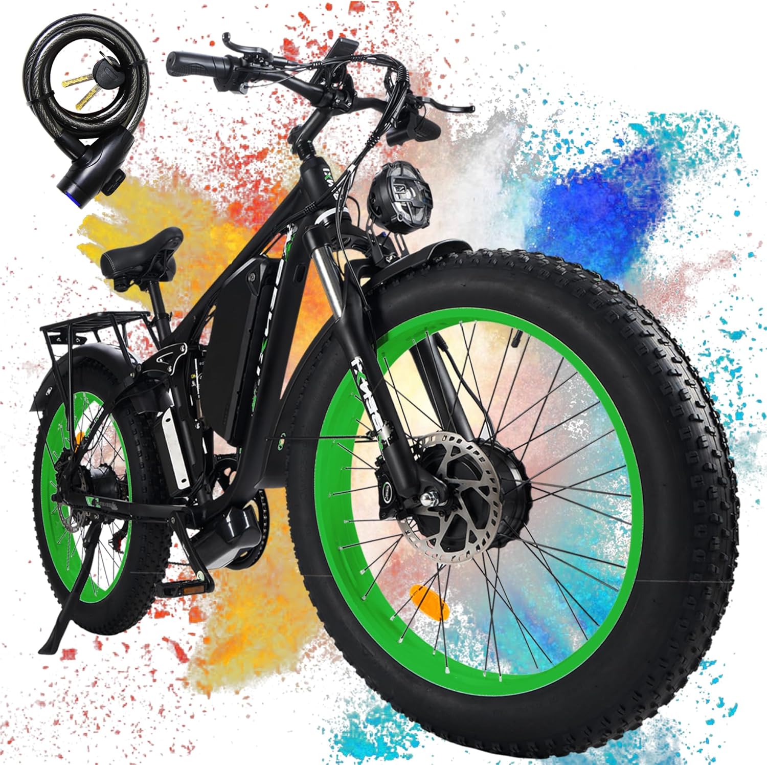 2000W Fat-Tire Electric-Bike for Adults-Women-Men - Benxi Seeker24 Ebike Dual 1000W Motor 52V 23AH Battery, 32MPH, Mid-Mounted Shock Absorber 24-Inch Electric Bicycle For Off-Road Mountain Snow（Green）