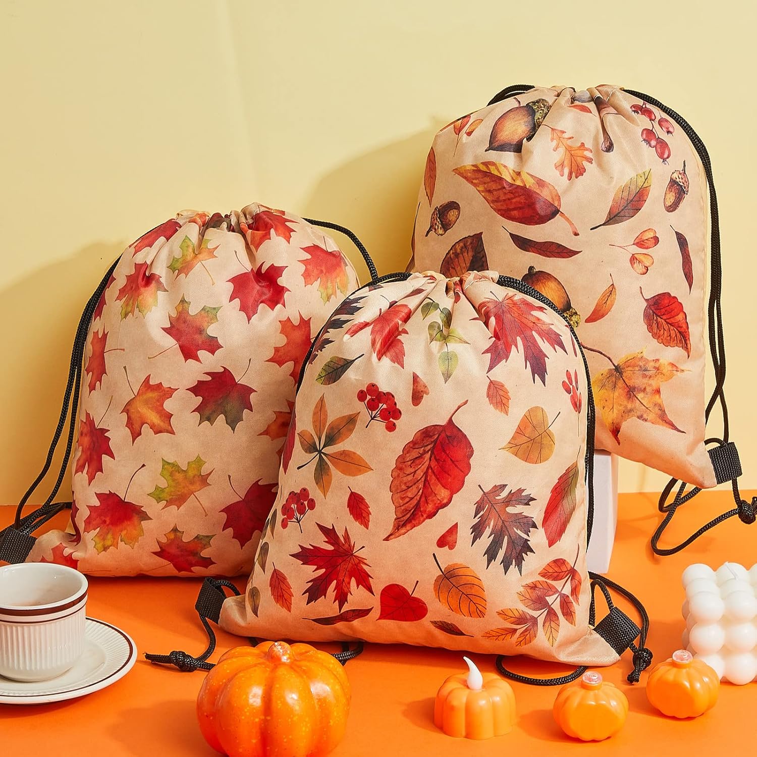 12 Pcs Thanksgiving Fall Gift Bags with Drawstring Polyester Fall Treat Bags Maple Leaves Sunflowers Nuts Pumpkin Goodie Bags for Kid Candy Grocery Party Favor Wedding Birthday Bridal Shower, 6 Design - Image 3