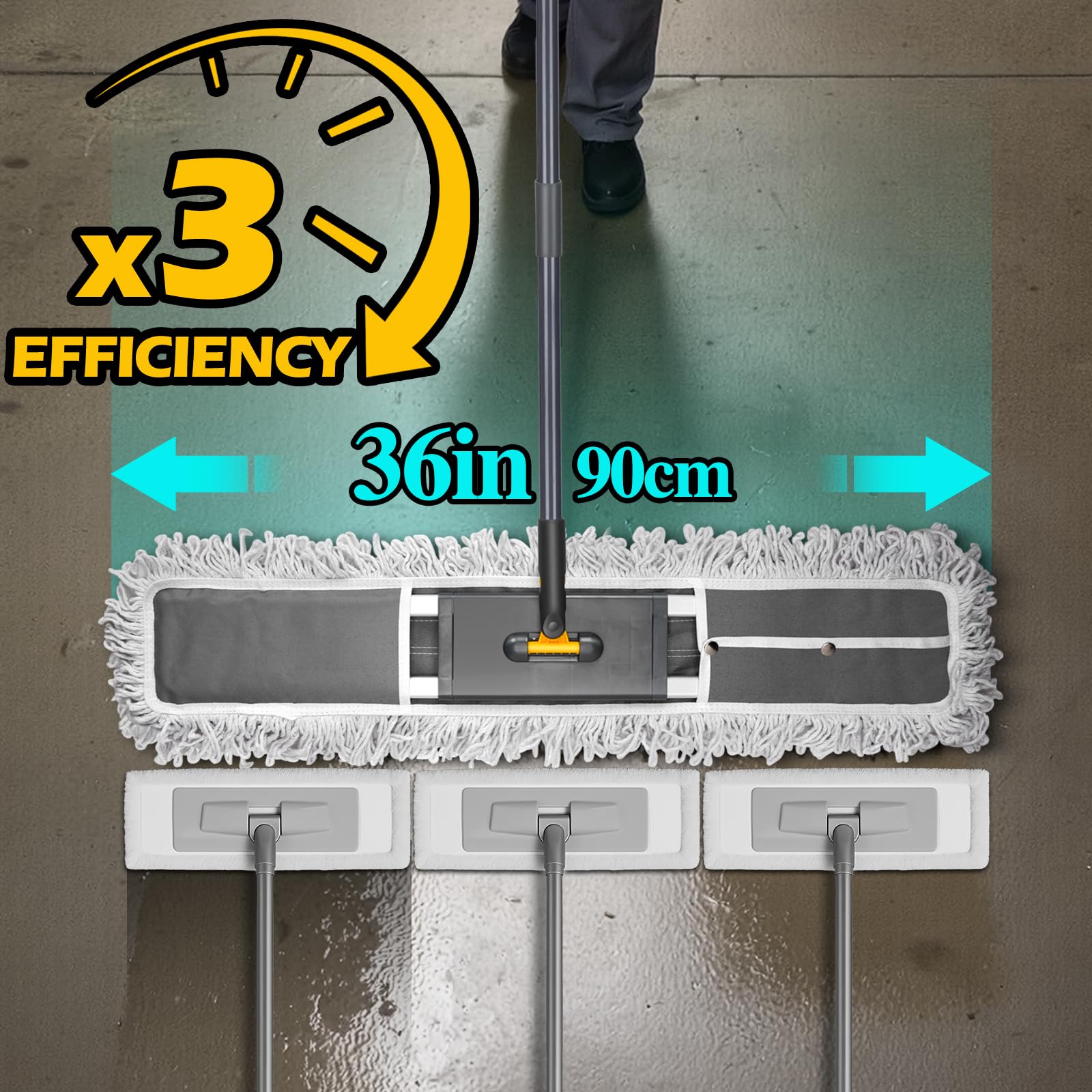 MASTERTOP Mocio industriale per pavimenti, 92 cm, grande, con testa girevole a 360°, resistente con 3 panni in microfibra riutilizzabili e manico regolabile da 154 cm, per legno, marmo, piastrelle e