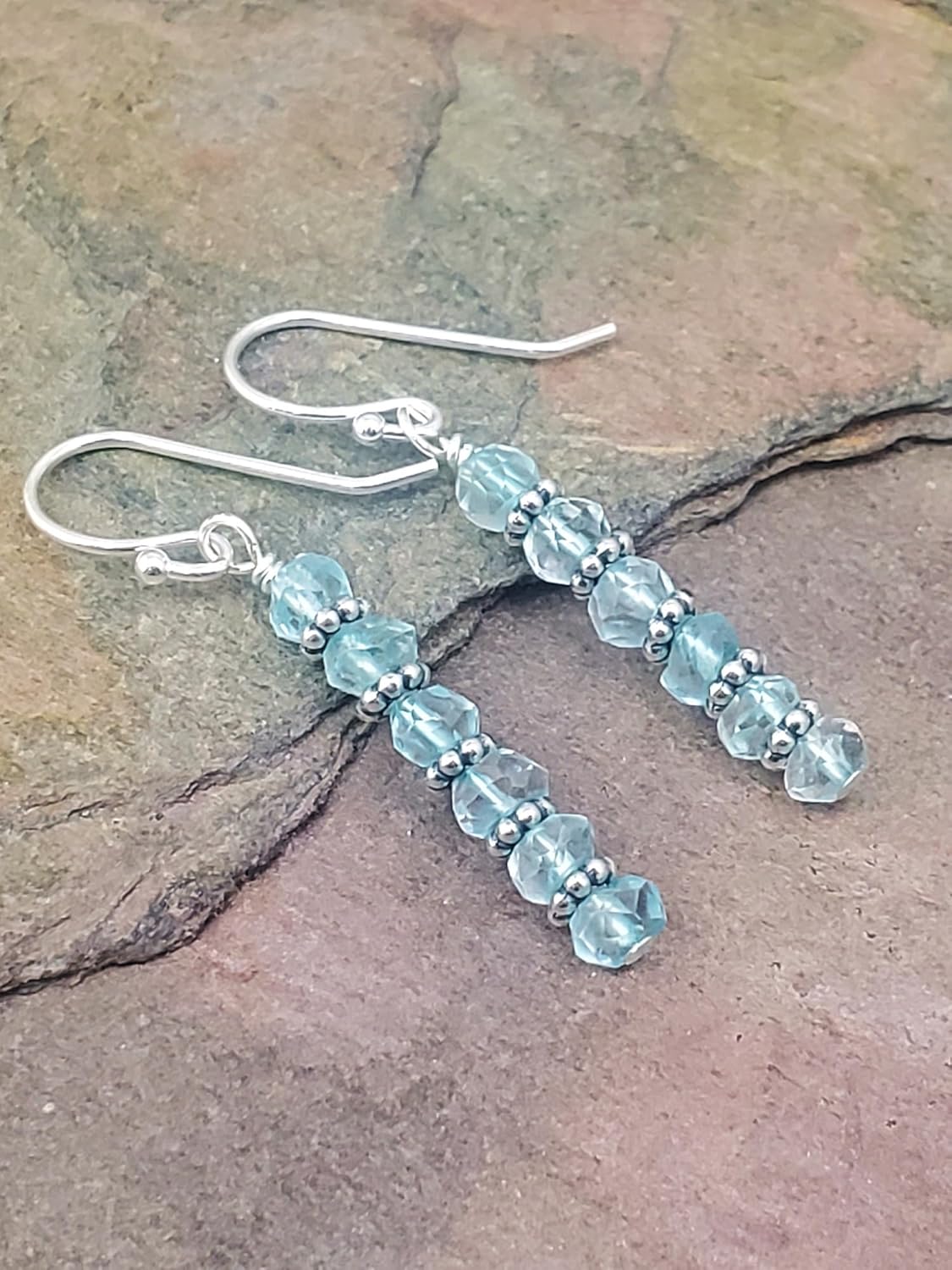 Sterling Silver Aquamarine Beaded Bar Drop Earrings, Handmade Gemstone Dangle Jewelry, March Birthstone - Image 4