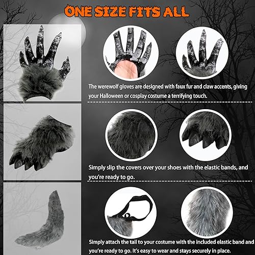 Miniatura 4 de Disfraz de hombre lobo de Halloween para niños, trajes de lobo aullador de lujo con máscara de ojos rojos iluminados, guantes, zapatos, colmos,