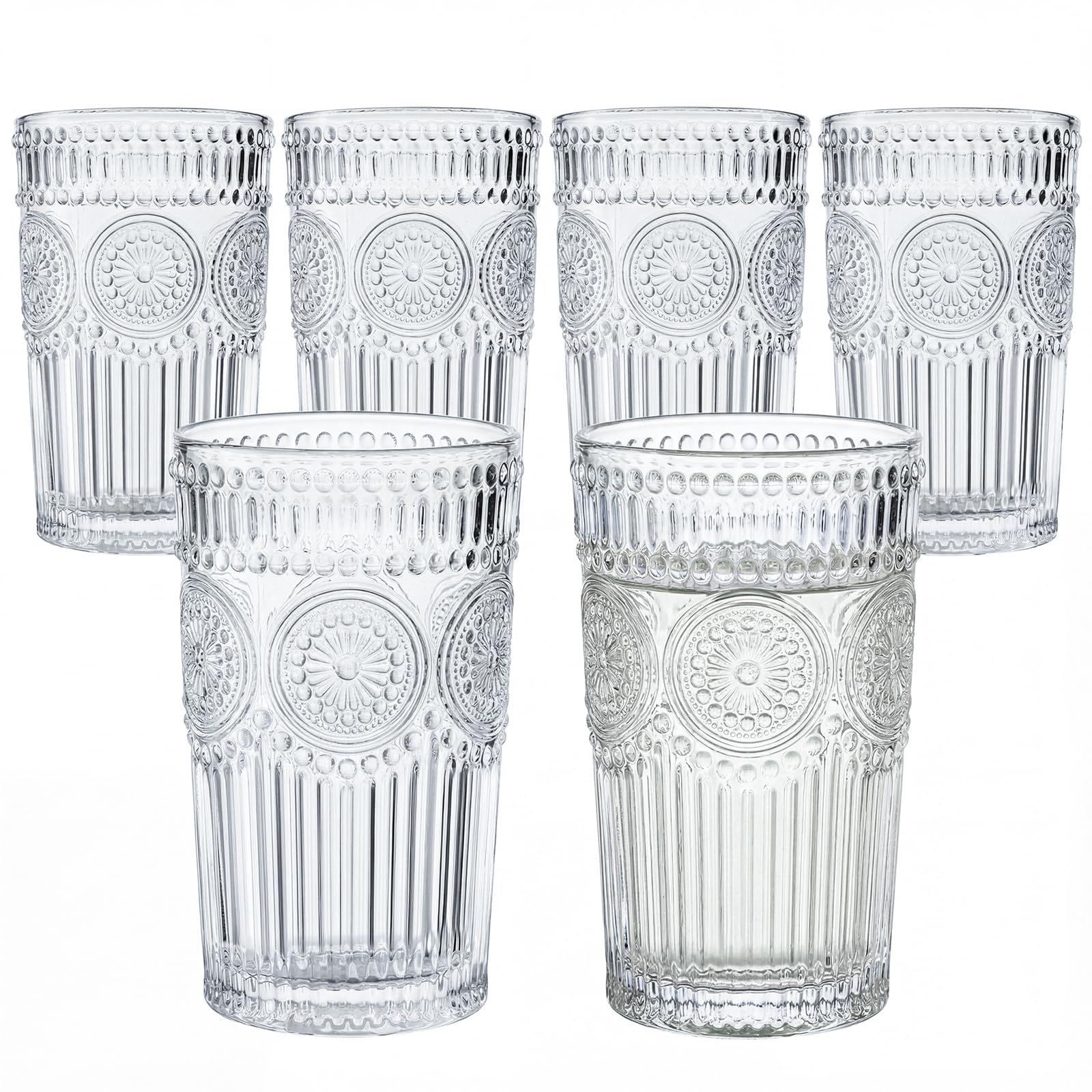 Kingrol 6 Pack 12 oz Romantic Water Glasses, Premium Drinking Glasses Tumblers, Vintage Glassware Set for Juice, Beverages, Beer, Cocktail