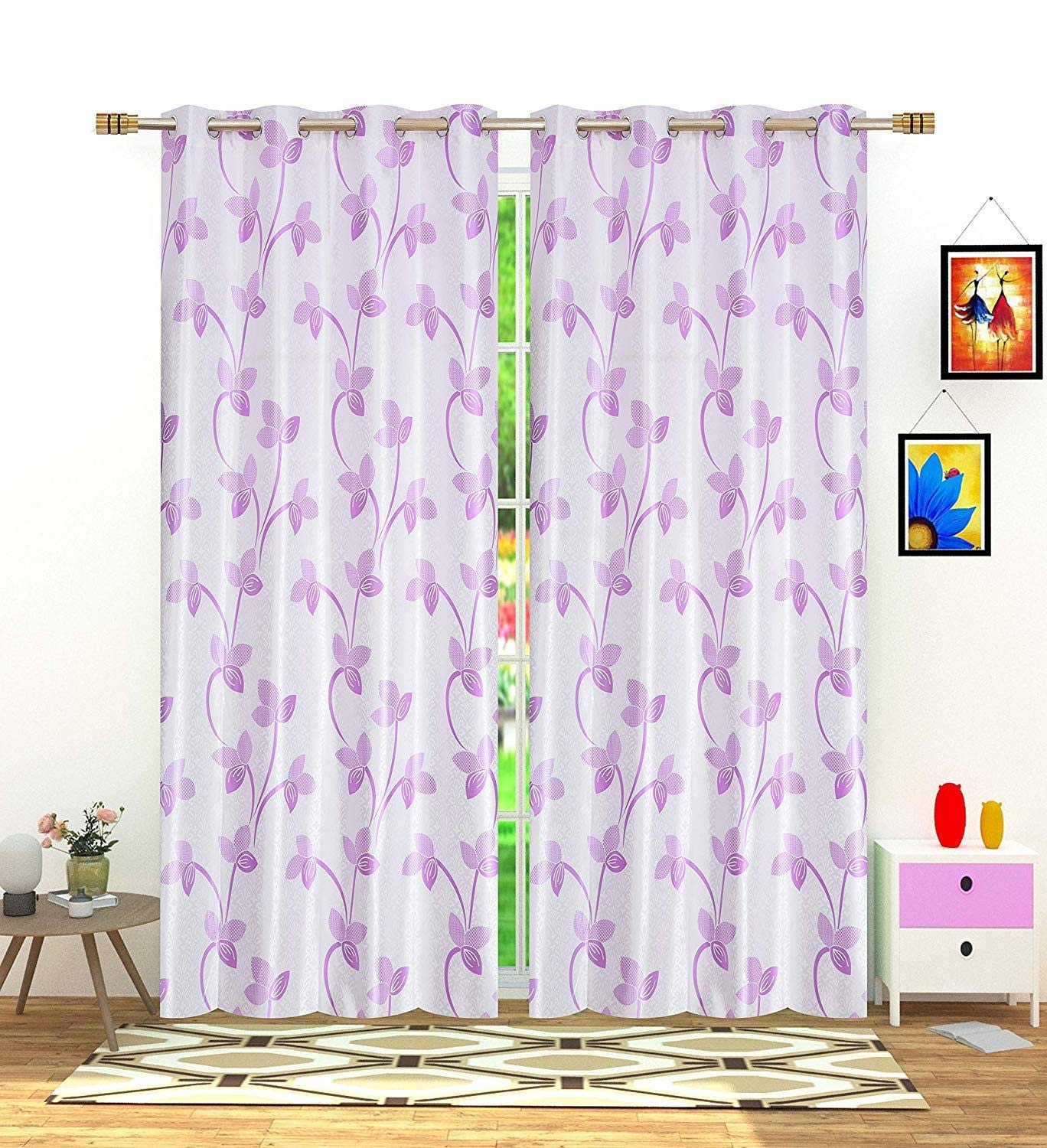 HOME UTSAV Premium Pearl Printed Curtains for Window 5 Feet, Pack of 2, Purple-image-10