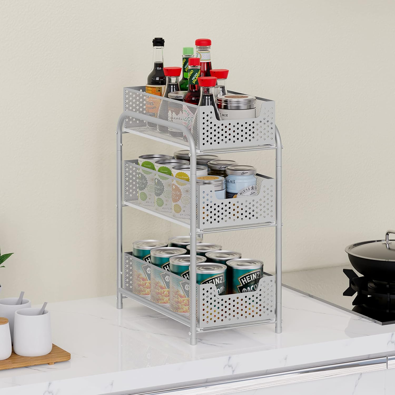 Simple Trending 3-Tier Under Sink Cabinet Organizer with Sliding Storage Drawer, Silver