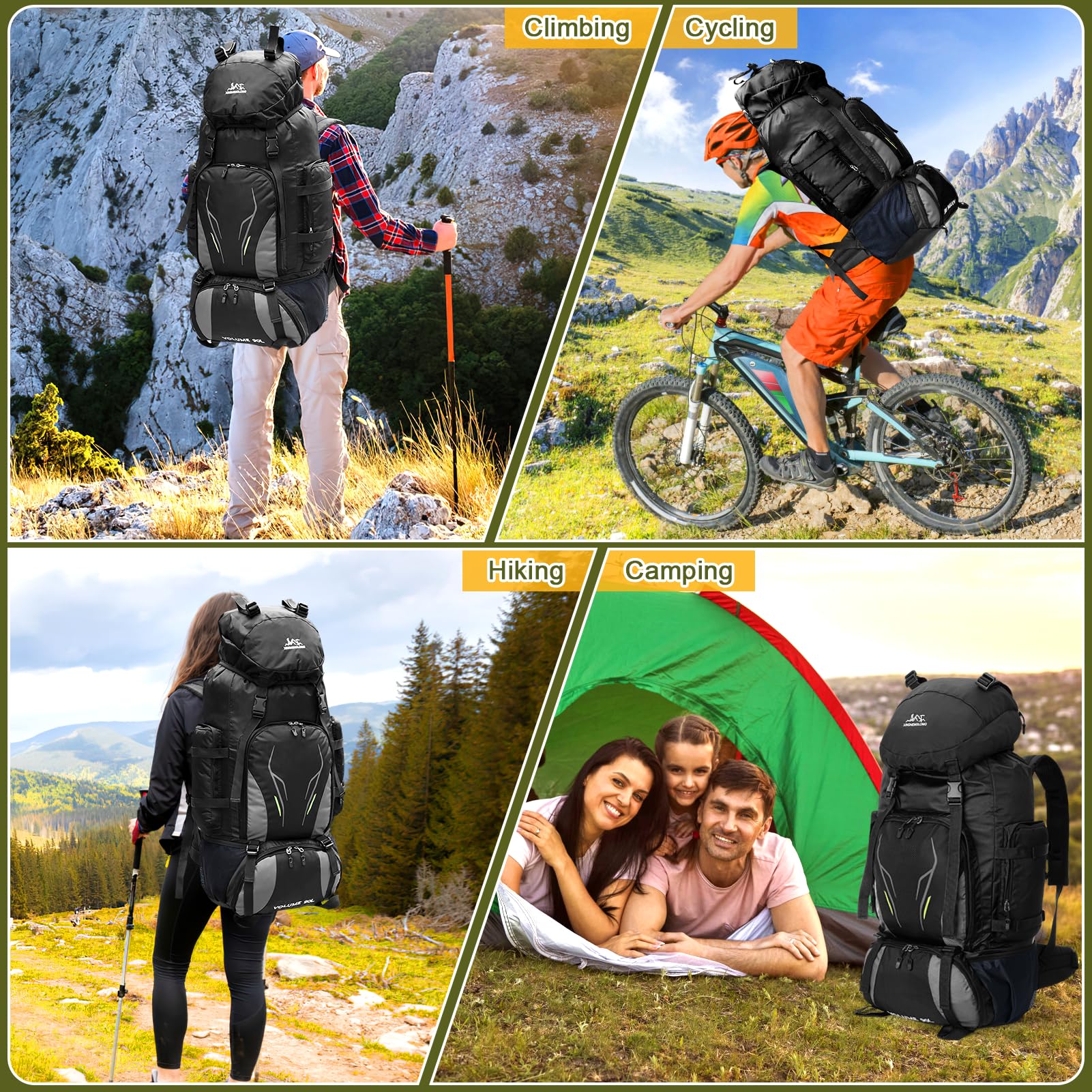 90L Sac à Dos de Randonnée, Sac à Dos Trekking pour Homme et Femme Camping Sac à Dos Léger et Imperméable Sac à Dos Grande Capacité Multifonction pour Escalade Trekking Camping (Noir)