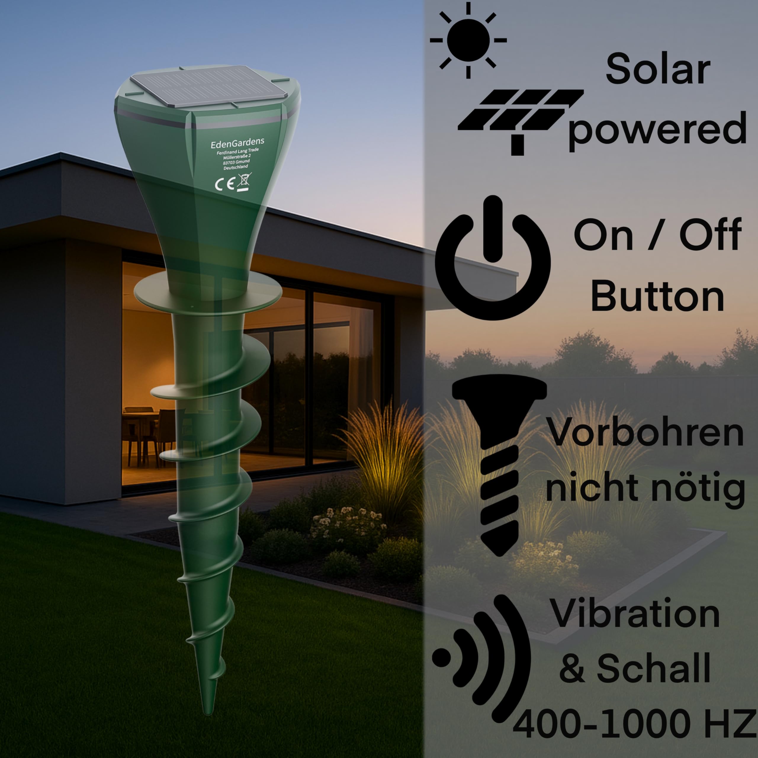 EdenGardens 2er Pack SOLAR MOLE Repeller Maulwurf Vertreiber bestes Mittel gegen Wühlmäuse & Maulwurf - Maulwurfschreck Maulwurf vertreiben