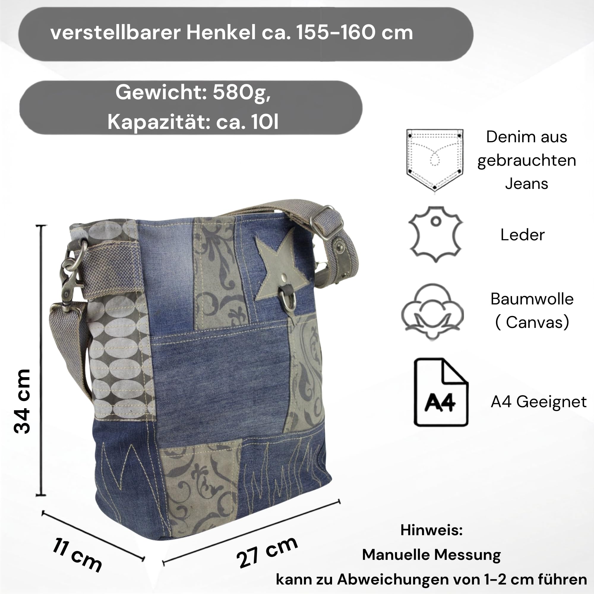 Sunsa Damen Umhängetasche. Große Nachhaltige Jeanstasche. Patchwork Tasche