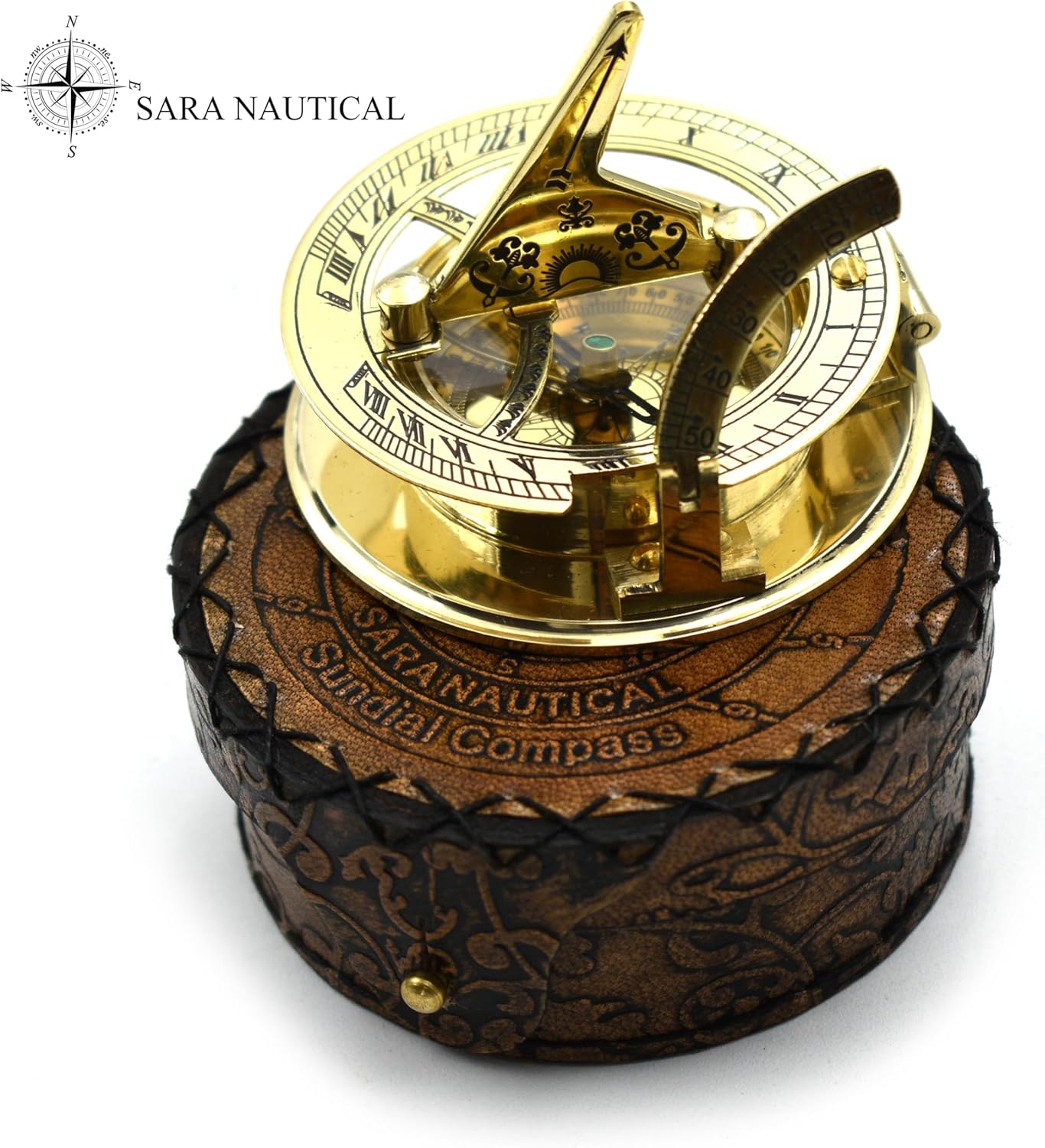 SARA NAUTICAL Antique Brass Sundial Compass, Pocket Sun Clock with Engraved Leather Case