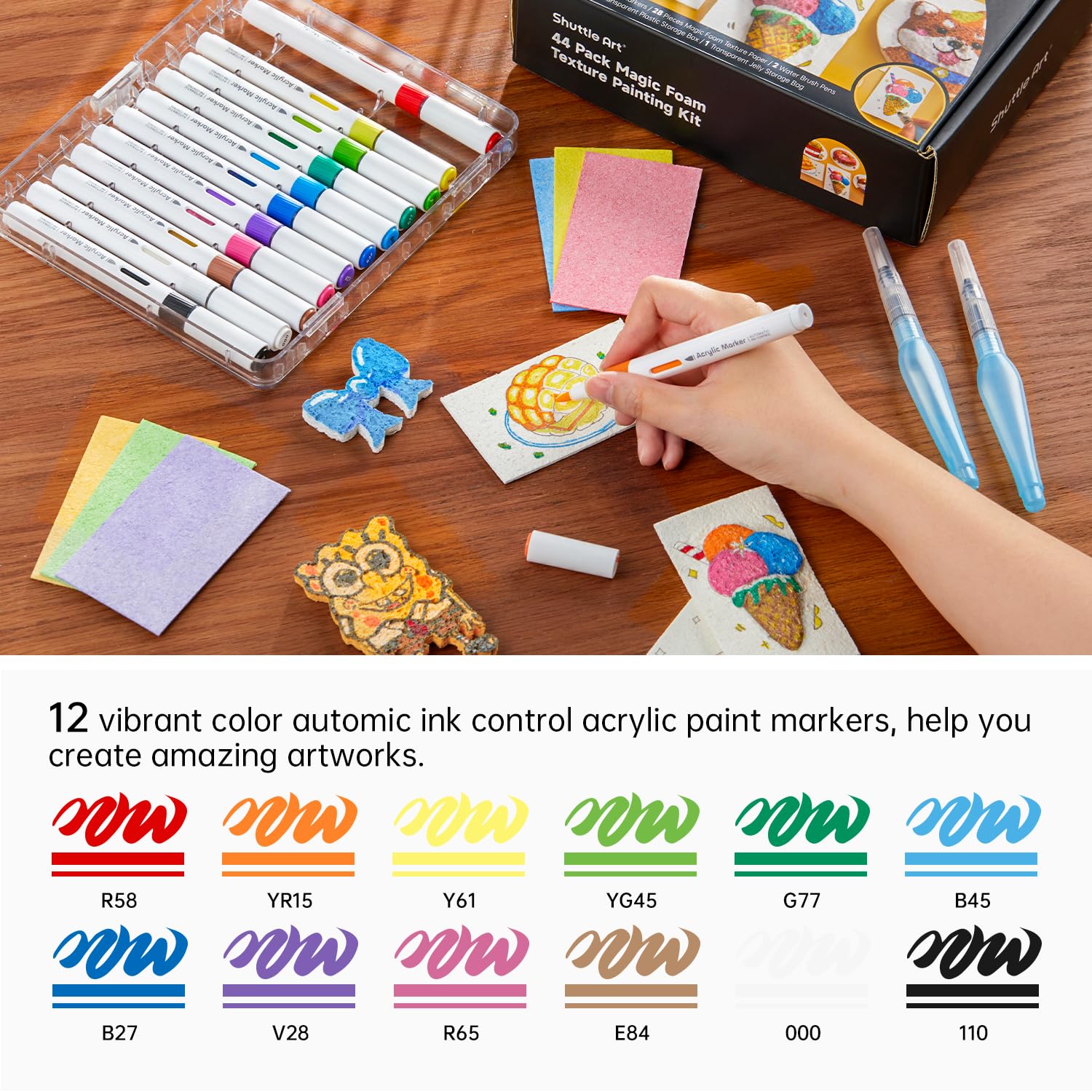 Shuttle Art 44PCS Kit de Peinture à Texture Magique avec 28 Feuilles de Papier de Peinture Texture Mousse, 12 Couleurs Feutre Acrylique Pinceau, Peinture Gonflante Eponge de Dessin 3D