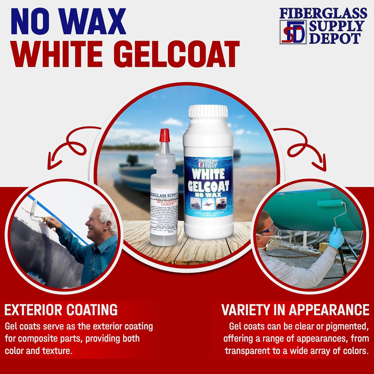 Fiberglass Supply Depot White Gelcoat - NO Wax - Quart with 15cc Hardener (MEKP)
