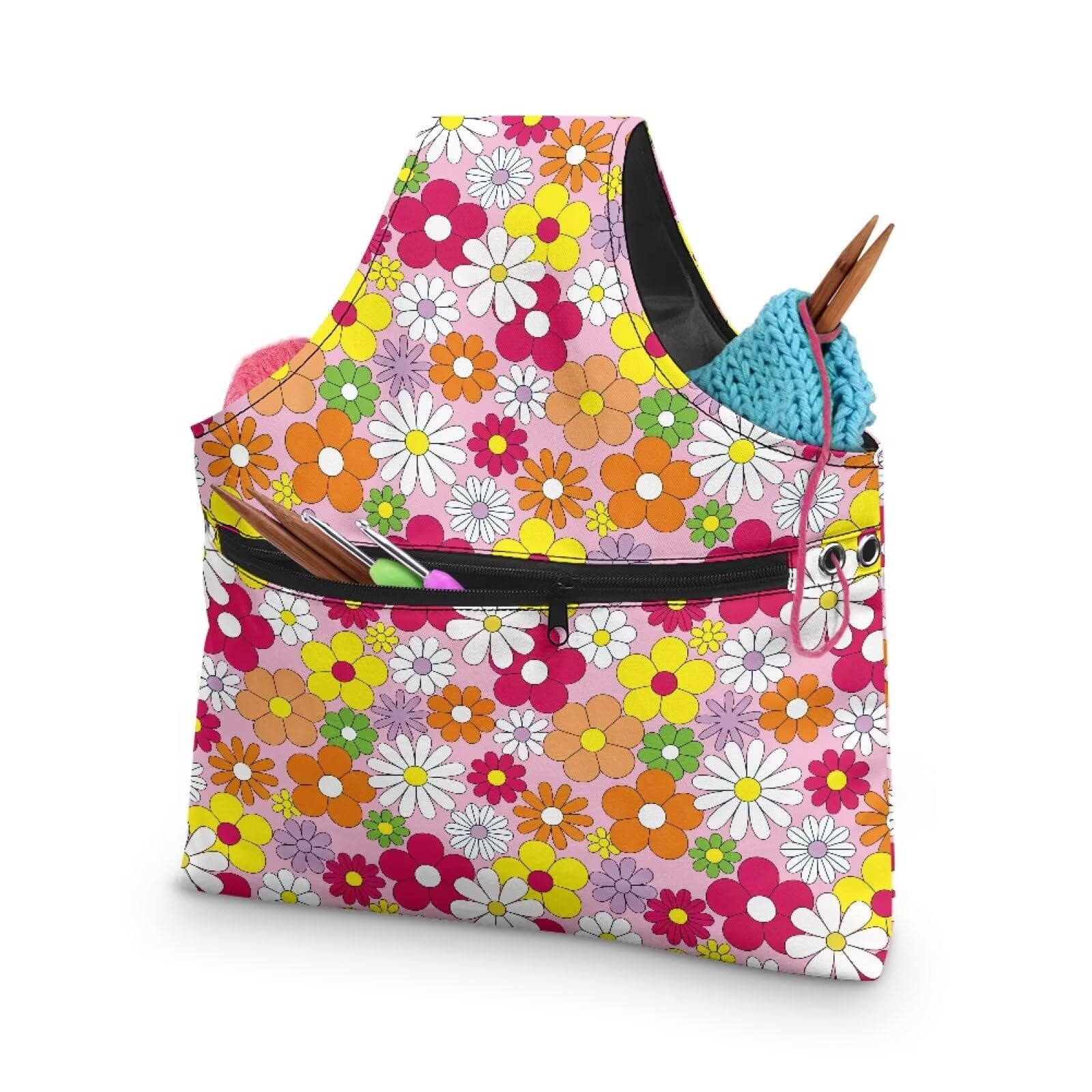 ZUXONGSY Colorful Daisy Yarn Bag for Knitting Pink Knitting Crochet Tote Bag for Women Yarn Tote Handbags for Crocheting