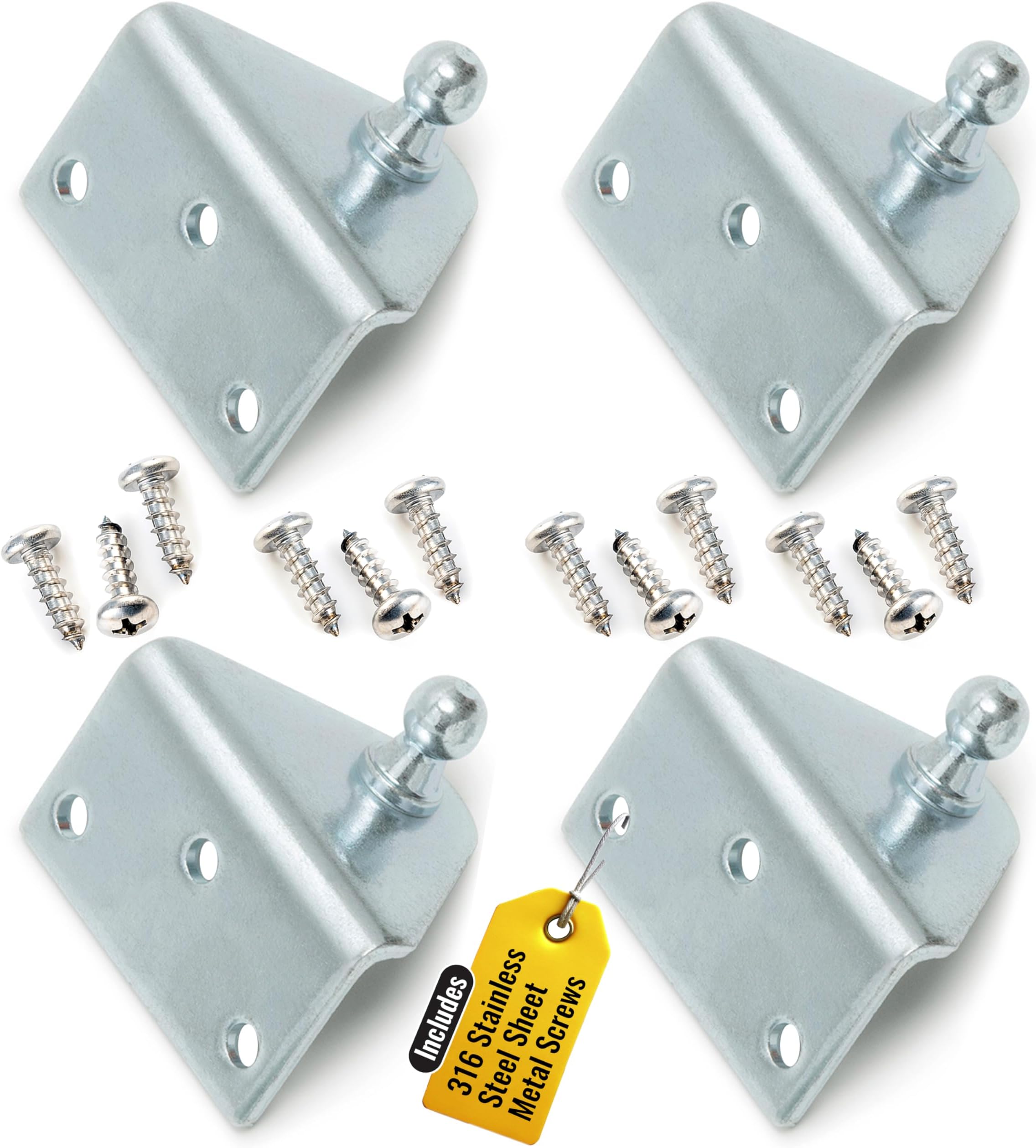 10MM Ball Stud Mounting Angled Silver Bracket for Gas Struts - Heavy Duty Lift Support Shock Brackets with Stainless Steel Screws - Ideal for Spring Hood Struts & Closer Piston Prop Mounts x4 Angled