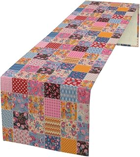 Patchwork Floral Table Runner, Patch Boho Flowers Country Wildflowers Rustic Splicing Design Pattern Table Runner for Farmhouse Kitchen Dining Home Party 13x36in