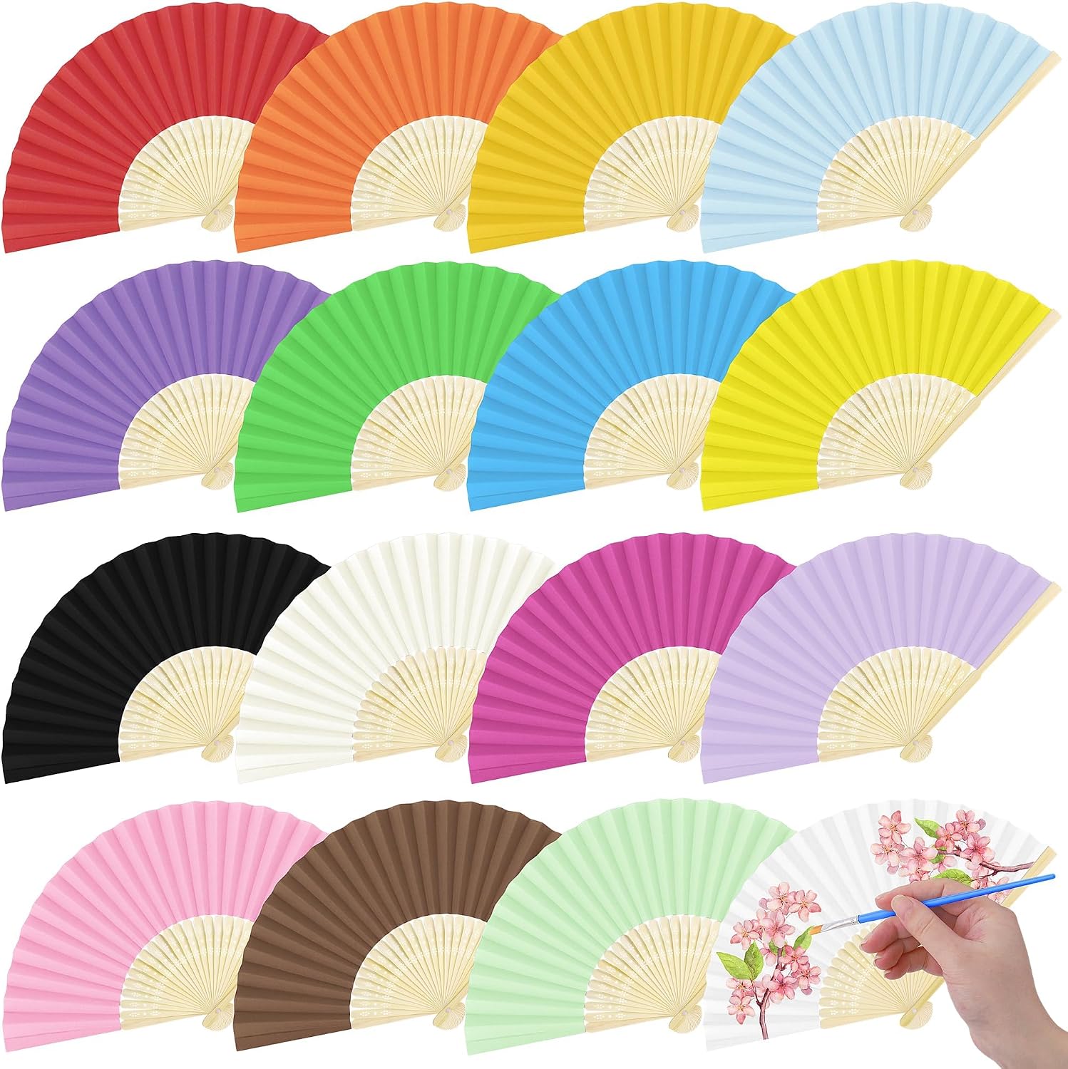 Aodaer 16 Pieces Paper Folding Fans Bamboo Handheld Fans Paper Folded Fan for Wedding Gift, Party Favors, DIY, Home Decoration, Multicolor