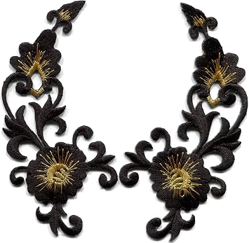 Black Gold Trim Fringe Flower Boho Art Deco Embroidered Appliques Iron-on Patches Pair S-648