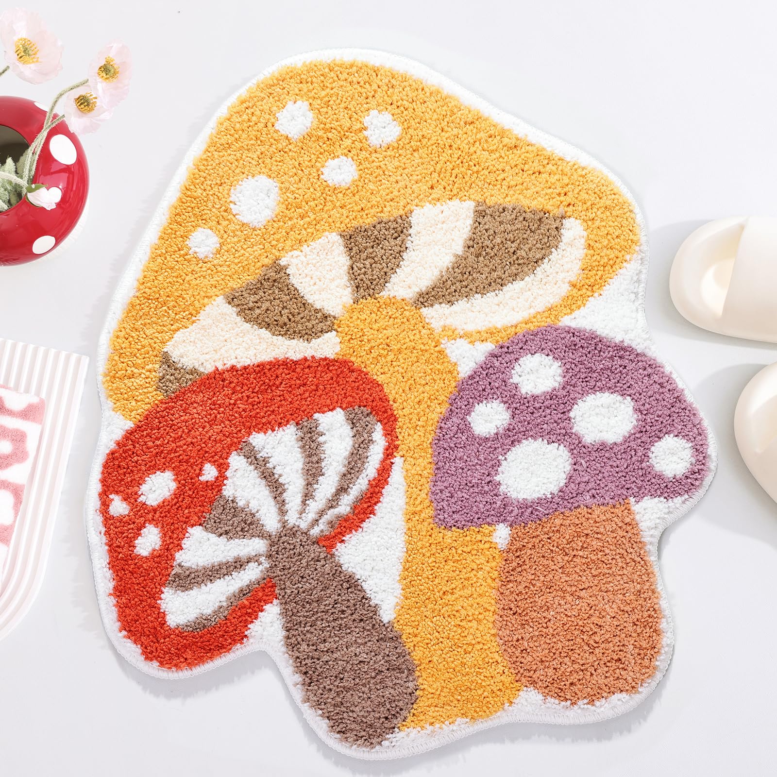 TRUEDAYS Bath Rugs Cute Non Slip Kids Bath Mat Boho Strong Absorbent Soft Washable Bathroom Mat Yellow Mushroom Bath Rug for Tub, Shower Room and