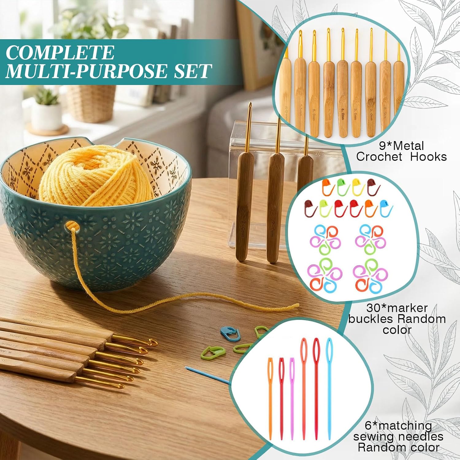 Suncalla Yarn Bowls for Crocheting Knitting, Ceramic Yarn Bowl with 9 Pcs Crochet Hooks and Tools, Knitting Craft Holder with 3D Relief Pattern, 6'' Large Wool Storage Christmas Gifts for Crocheters
