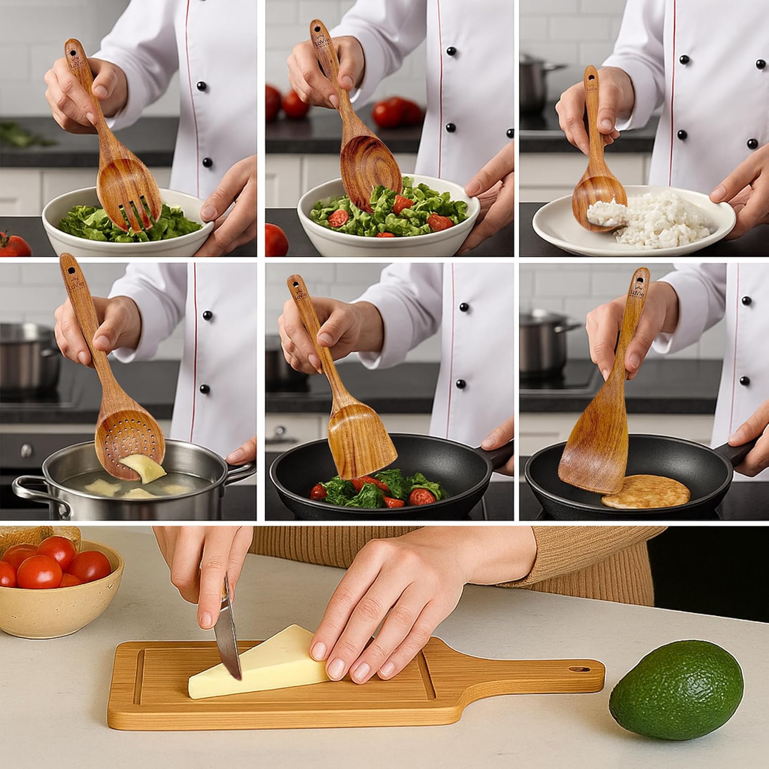 Teak Wooden Cooking Spoons Set -8-Piece Nonstick Cookware - Handmade Wooden Teak-Bamboo Charcuterie Board With Knife - Wooden Kitchen Utensils, Ideal Gift Set For Weeding,Birthday - Image 4