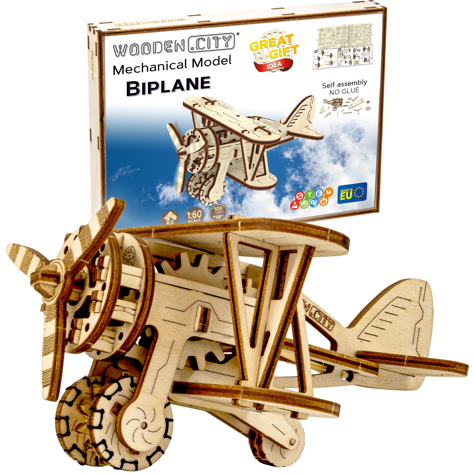 WOODEN.CITY Biplane 3D Wooden Plane Puzzle – Mechanical Model Kit with Rubber Motor & 56 Laser-Cut Pieces – Build & Display Vintage Aircraft for
