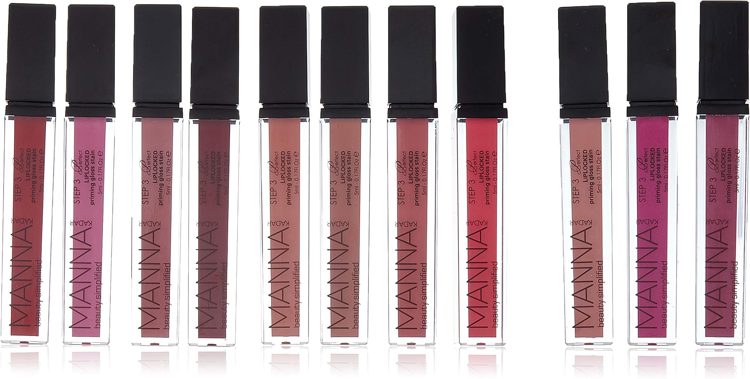 Manna Kadar Lip Library Liplocked Priming Gloss Stain Set, 10 Shades of Pink and 2 Shades of Red