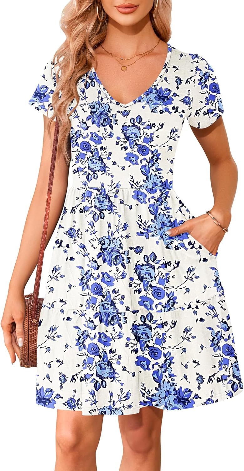 AUSELILY Women Summer Dress Casual Short Sleeve Sundress V Neck Floral Tiered Beach Dresses with Pockets - Image 4