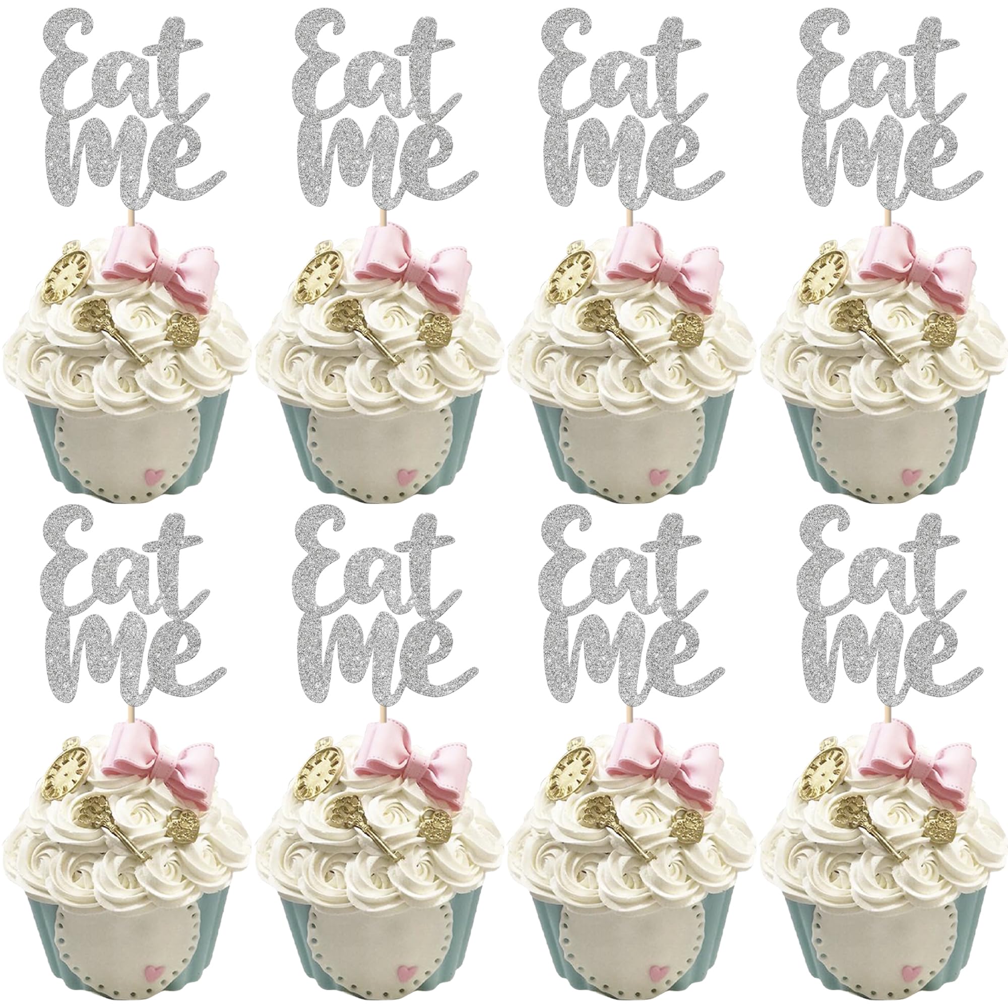 Xsstarmi 24 Pack Eat Me Cupcake Toppers Glitter Tea Party Take One Try Me Cupcake Picks Decoration for Wonderland Theme Baby Shower Kids Boys Girls Birthday Party Cake Decorations Silver