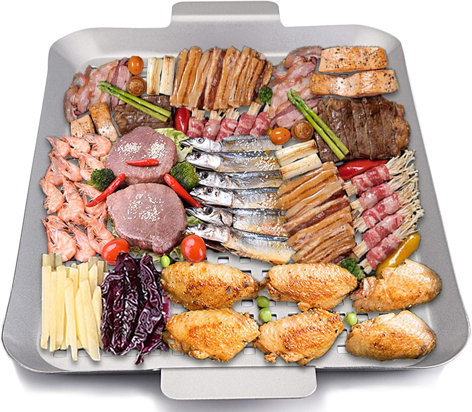 Nicunom 2 Pack BBQ Grilling Pan, Stainless Steel Grill Topper with Handles Non-Stick Barbecue Grill Work Grill Cookware for Meat, Vegetables & Seafood : Patio, Lawn & Garden